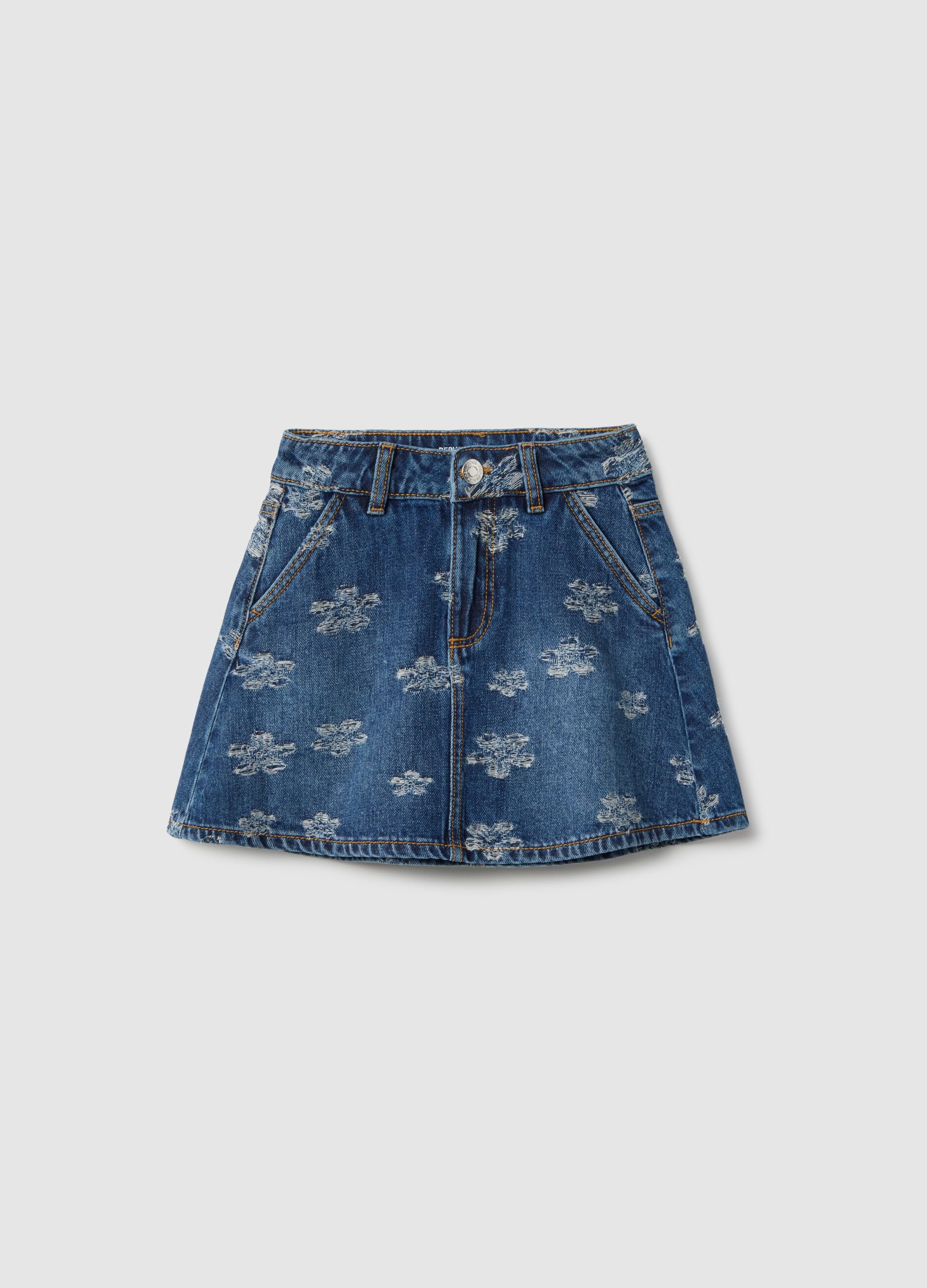 Blue denim pure cotton skirt with floral prints for girls, regular fit