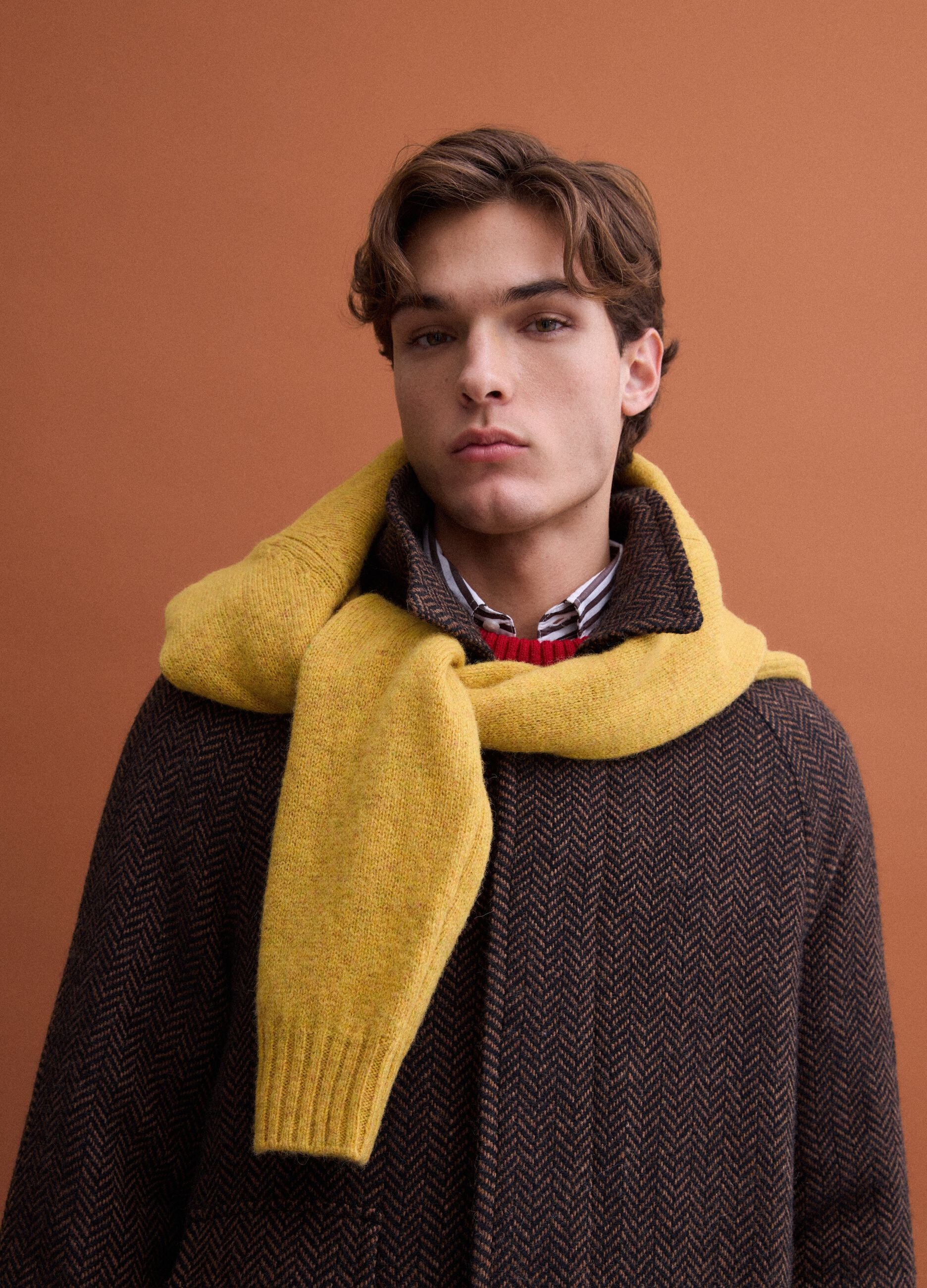 Brown and black wool-blend herringbone overfit coat