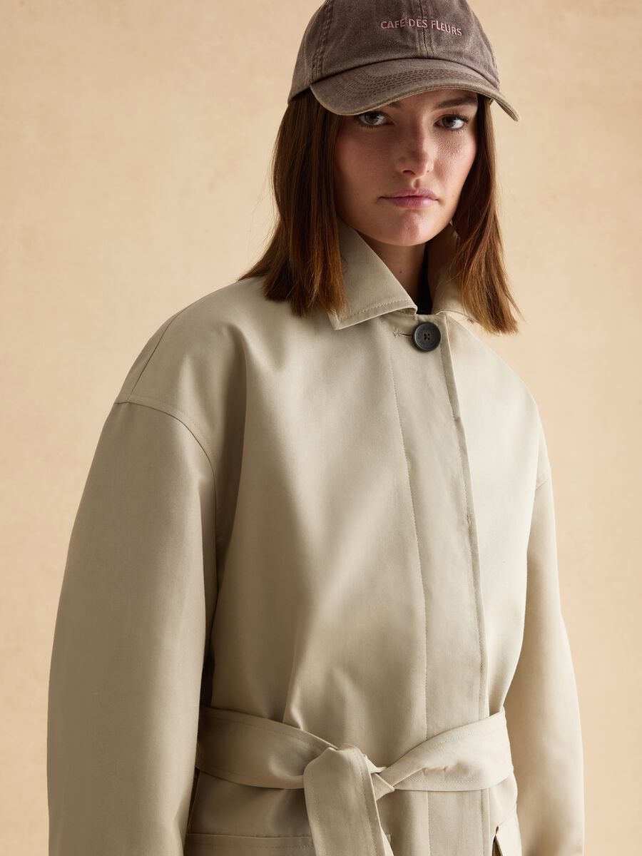 Beige cotton blend regular fit trench with belt_1