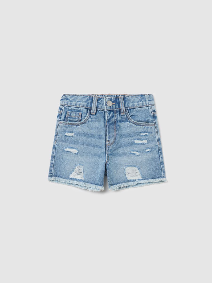 Denim shorts with five pockets and abrasions_0