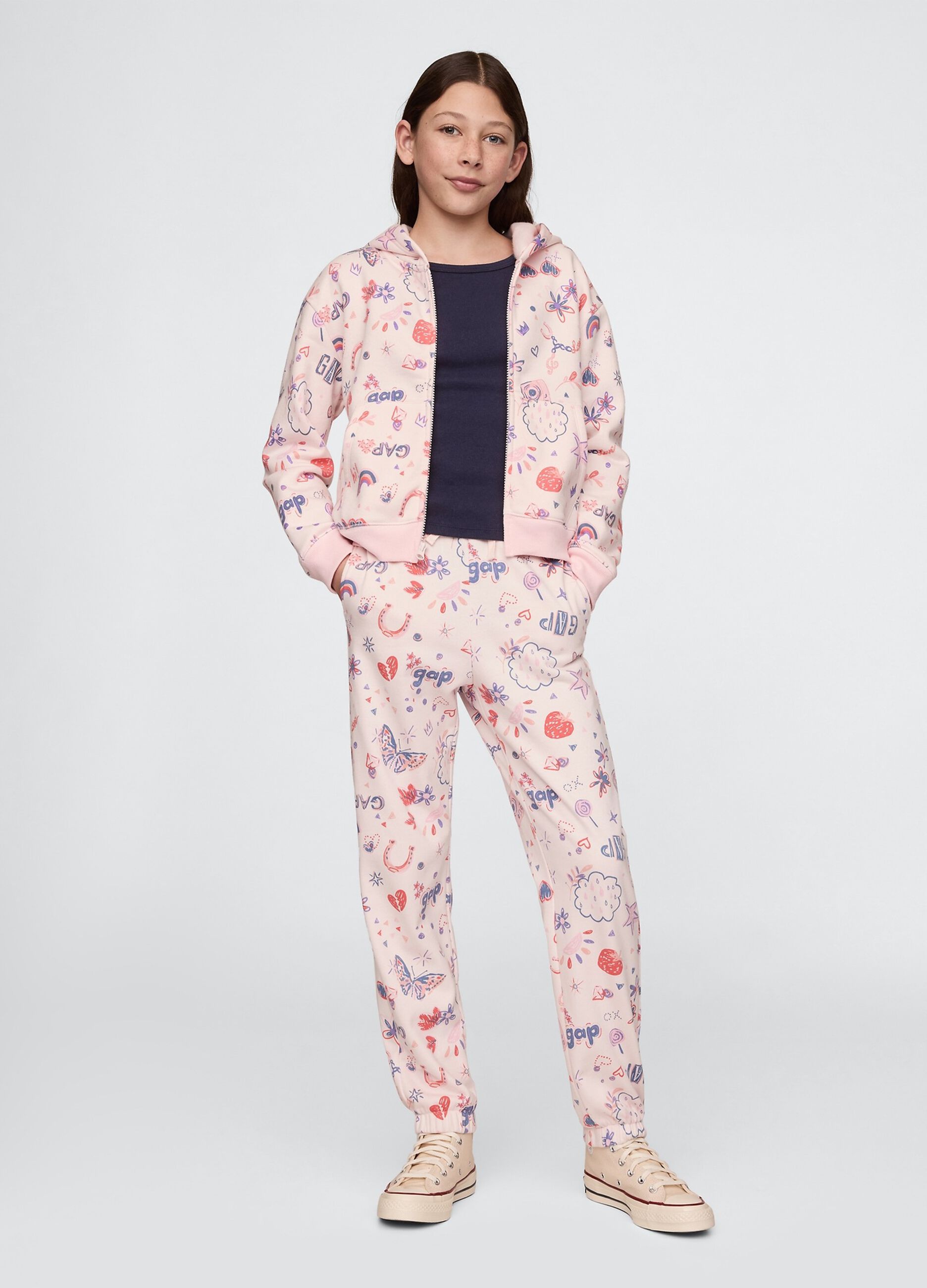 Pink joggers with drawstring and all-over print