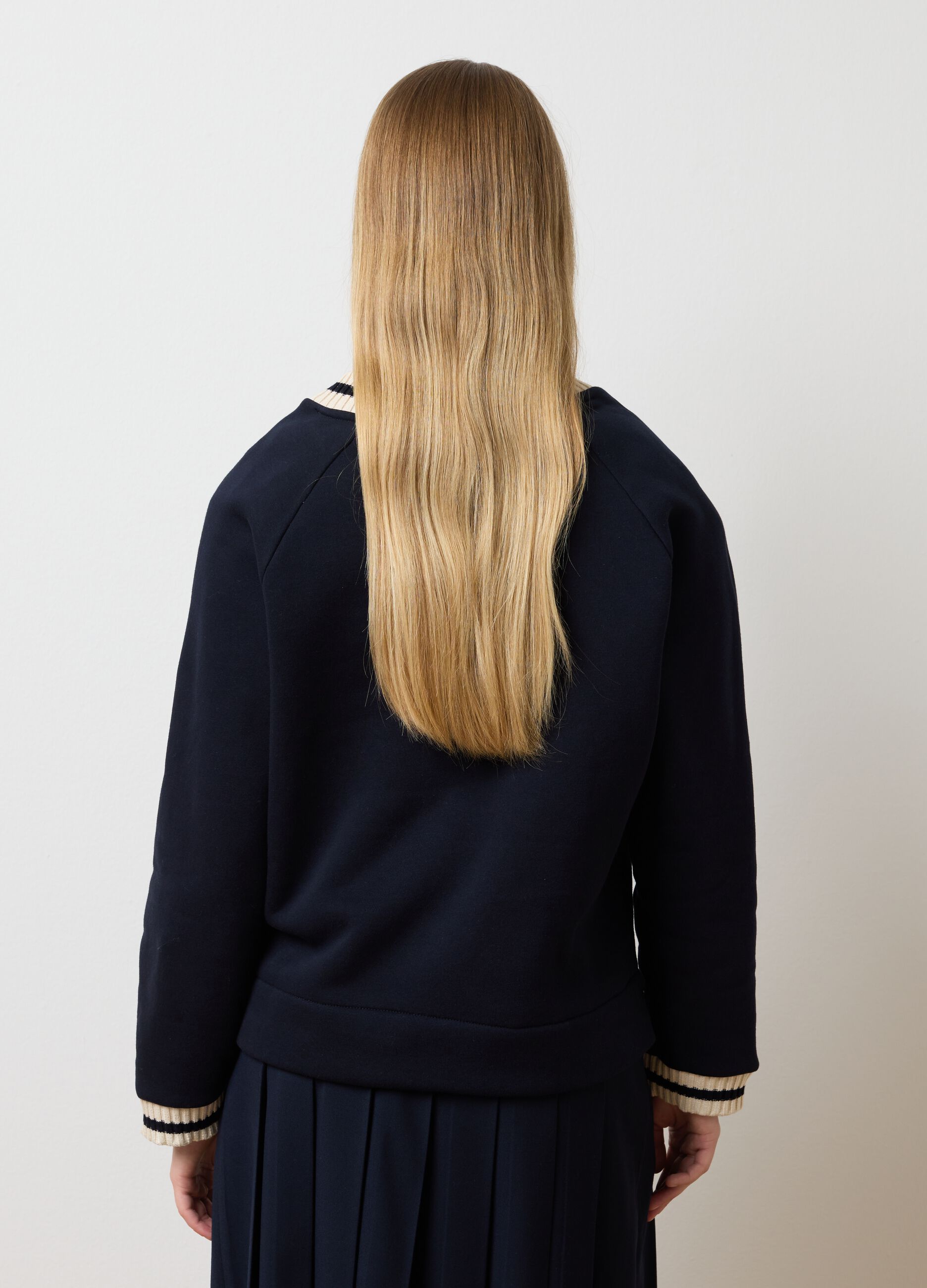 Blue Cotton Blend Sweatshirt with V-Neck