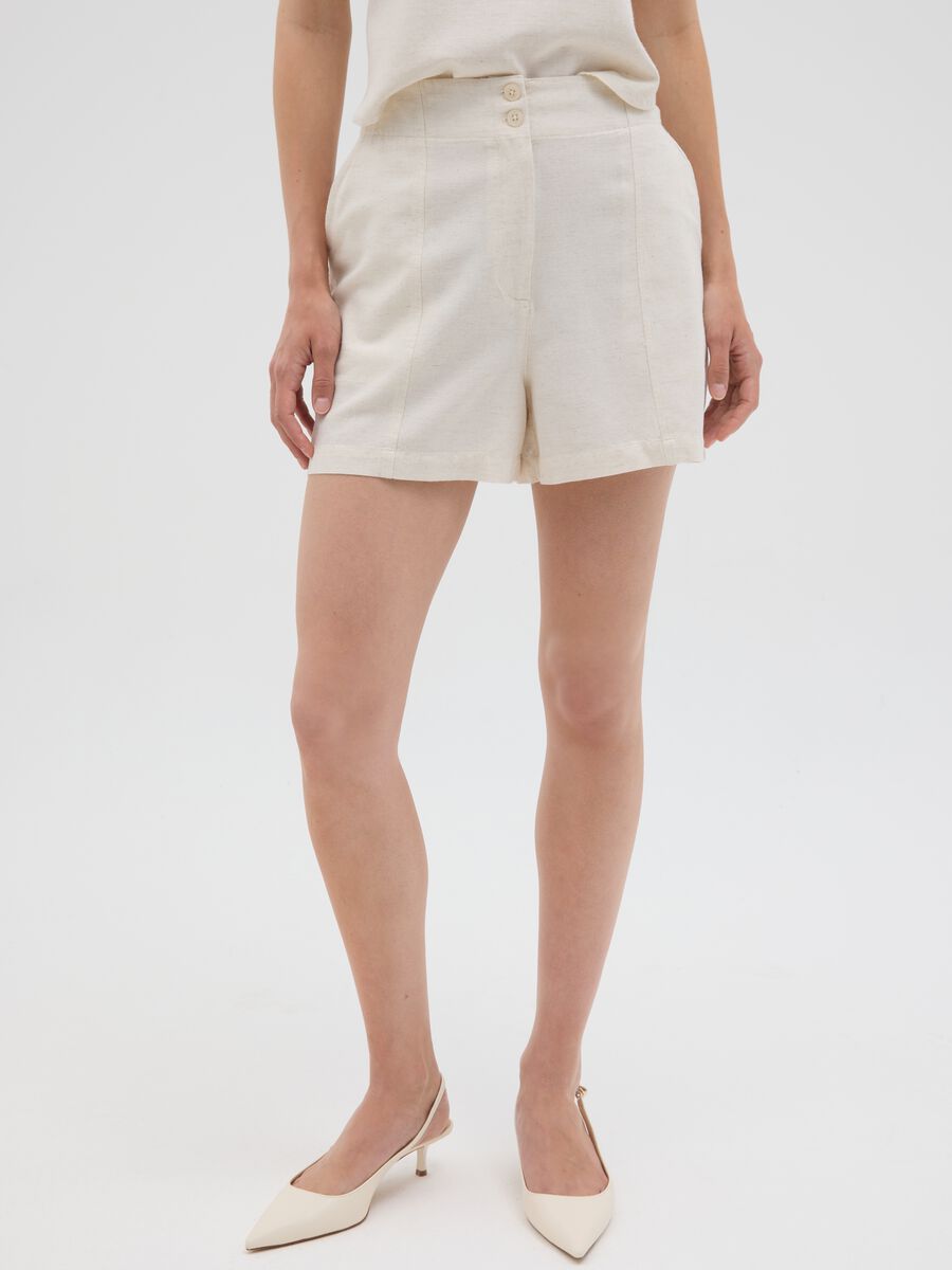 Women's regular fit beige linen blend shorts_1