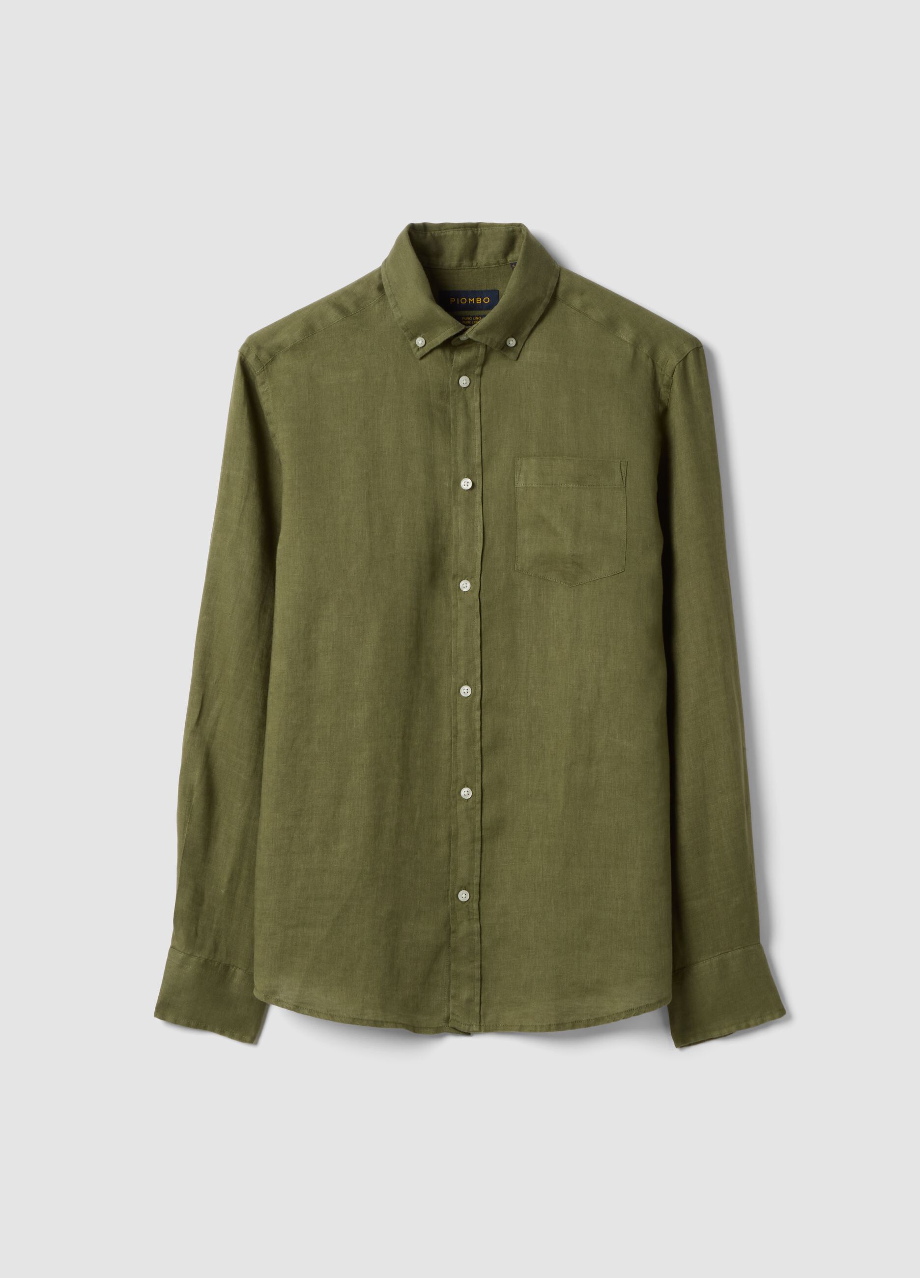 Green pure linen shirt with button-down collar, regular fit
