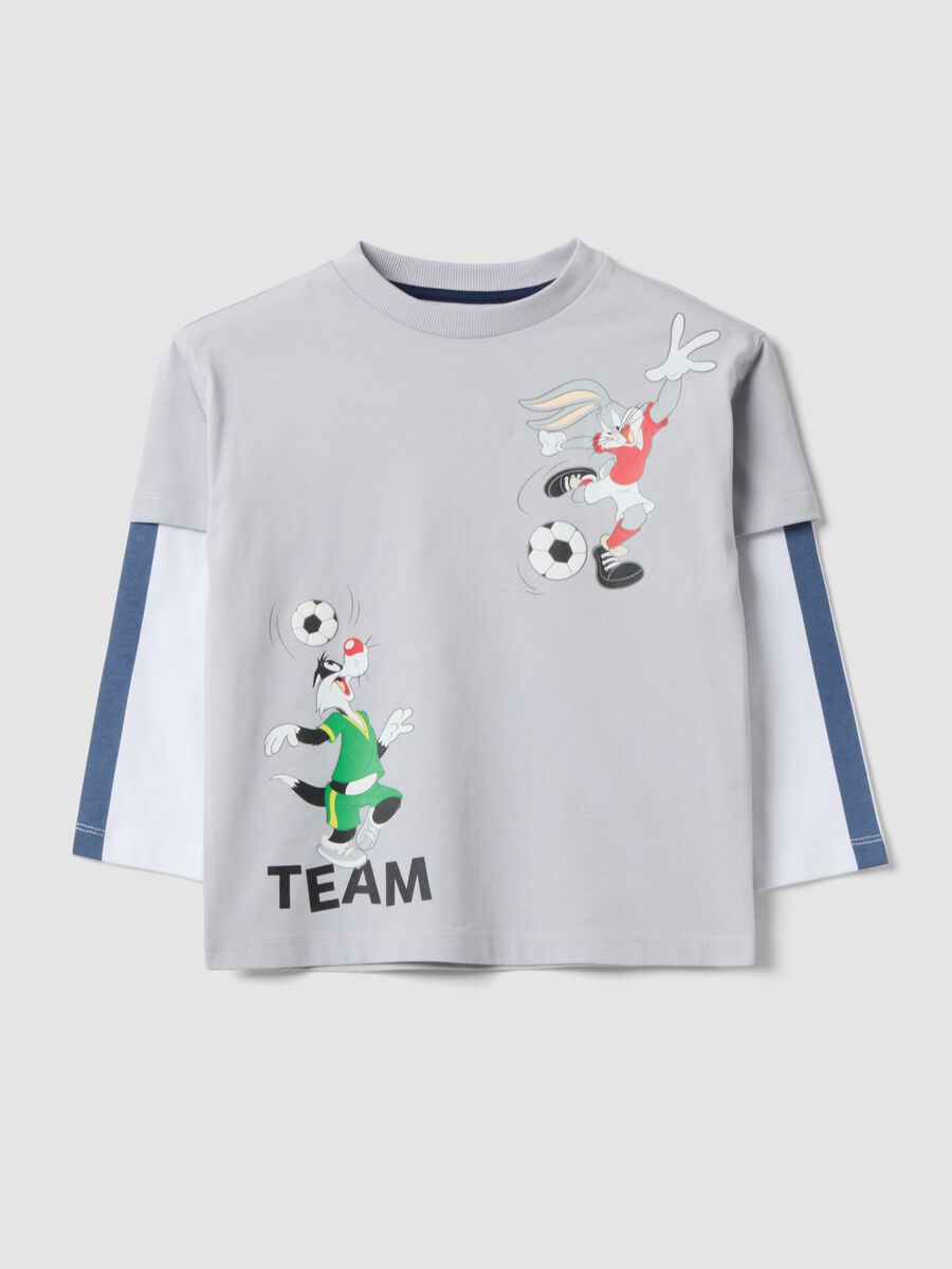 T-shirt grigia in puro cotone a maniche lunghe con stampa Looney Tunes per bambino_0