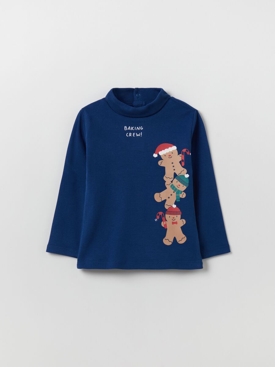 T-shirt a collo alto con stampa natalizia_0