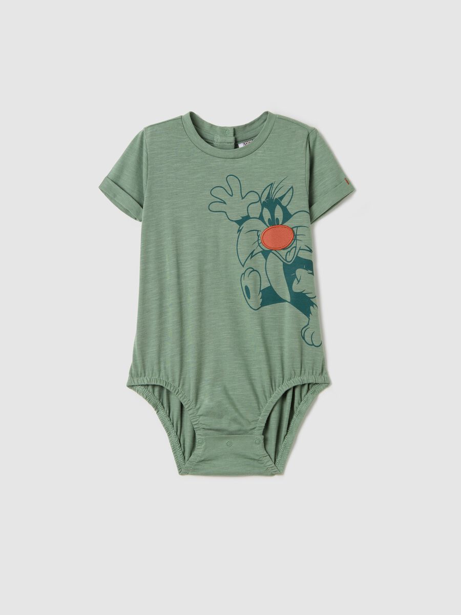 Green bodysuit in organic cotton with Sylvester the Cat print_0