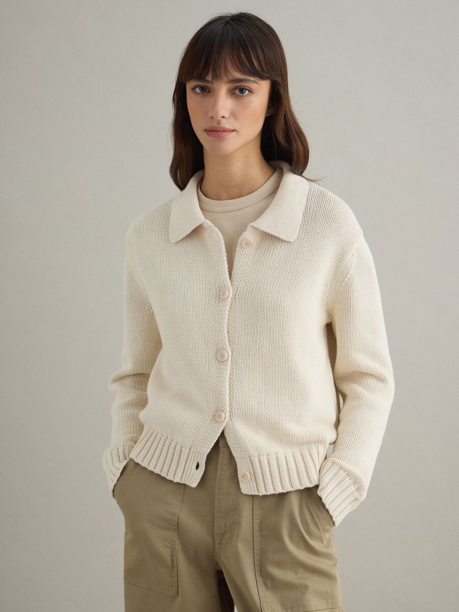 Beige pure cotton regular fit cardigan with polo collar_0