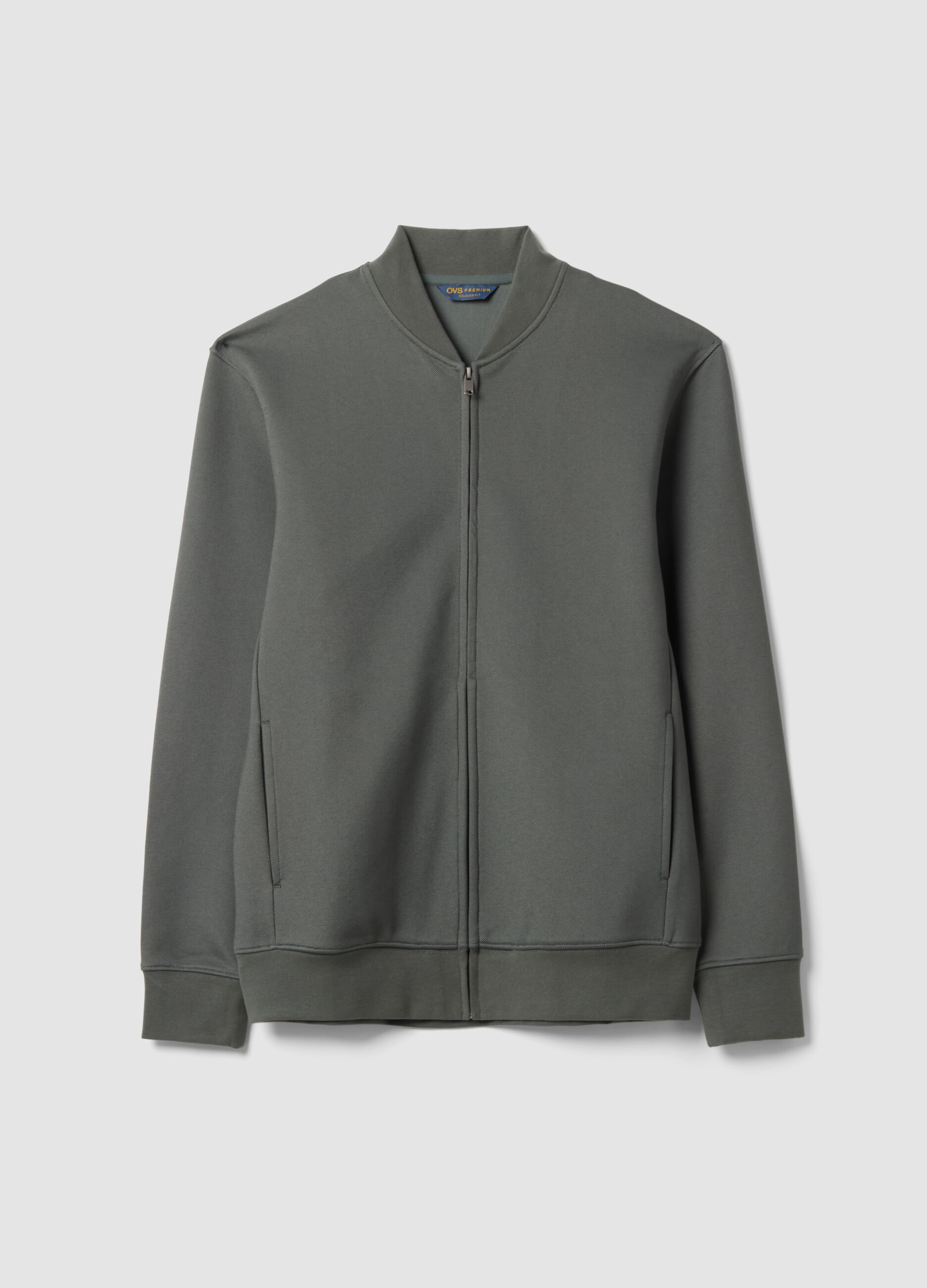 Grey full-zip piqu&eacute; sweatshirt in stretch fabric with ribbed collar