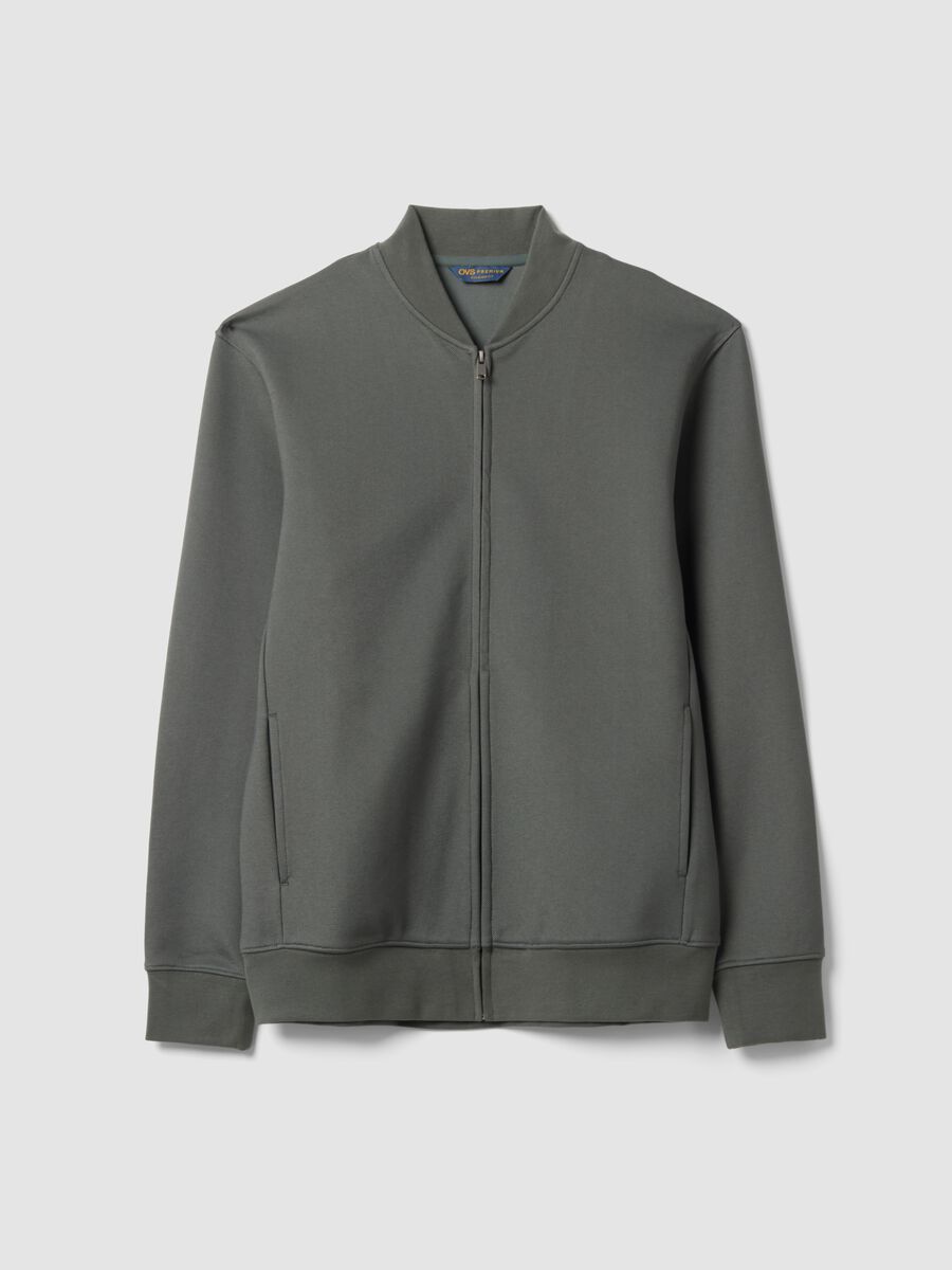 Grey full-zip piqu&eacute; sweatshirt in stretch fabric with ribbed collar_0