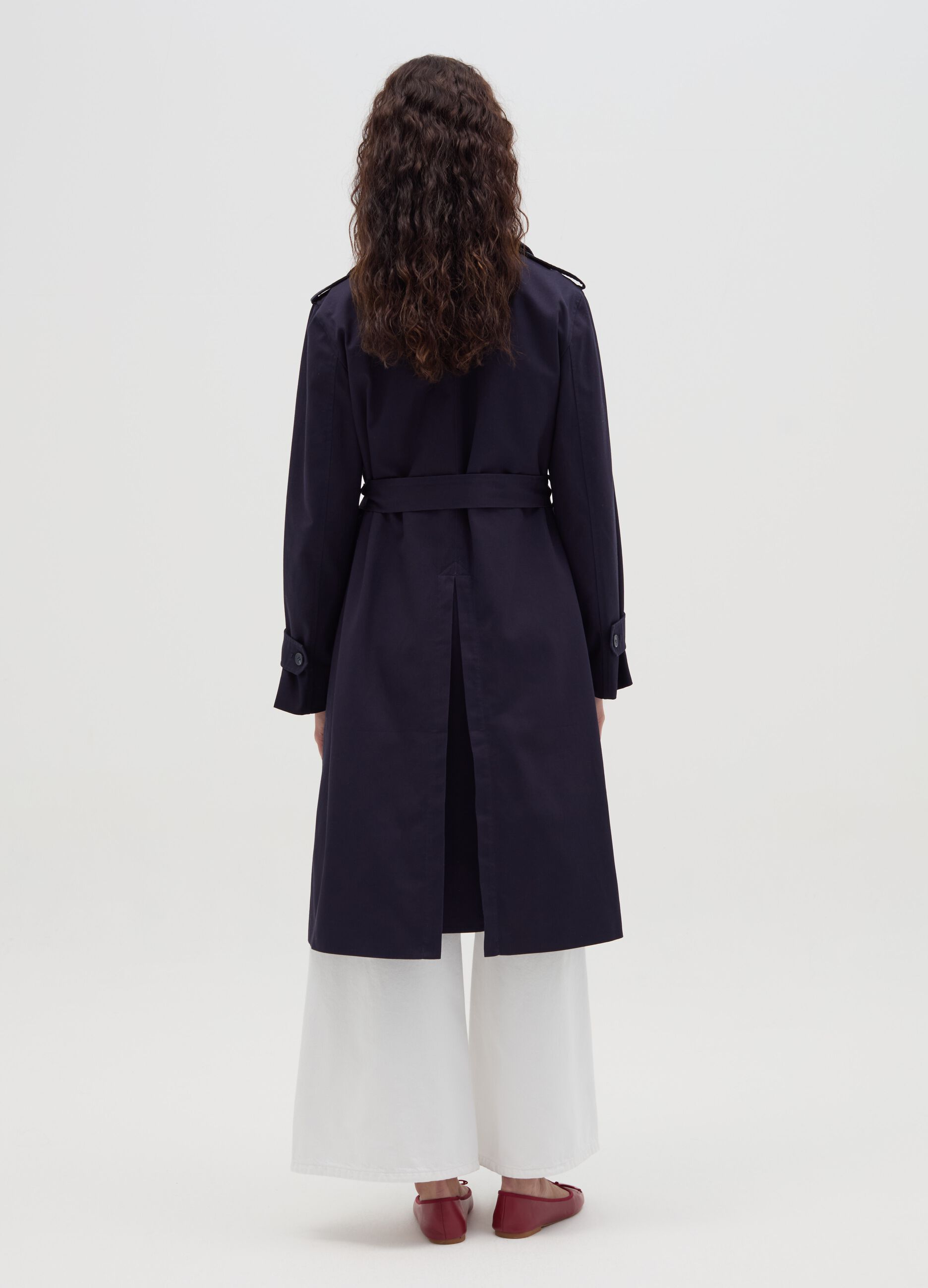Long double-breasted trench coat with belt