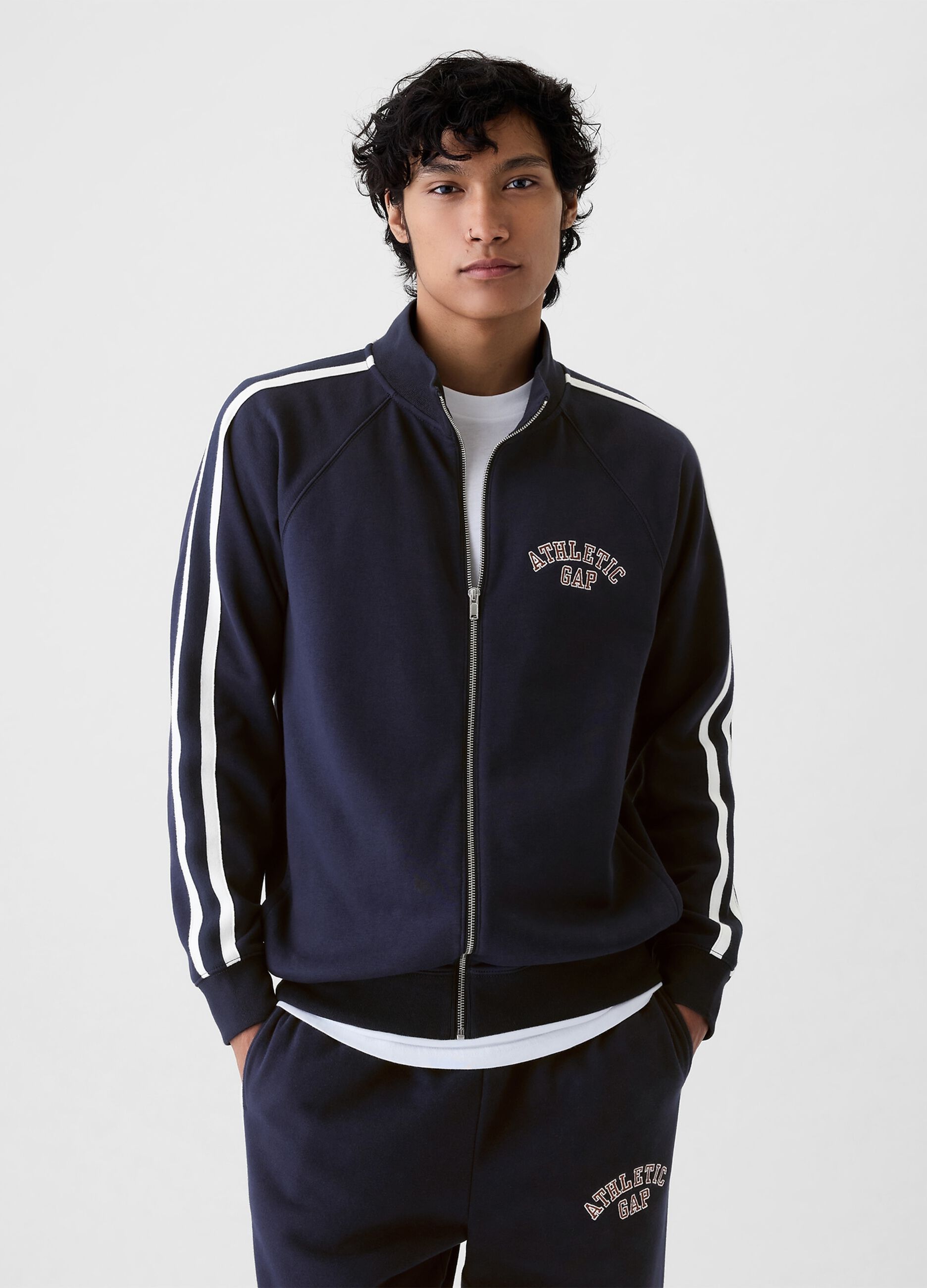 Full-zip sweatshirt with stripe bands and Athletic logo embroidery
