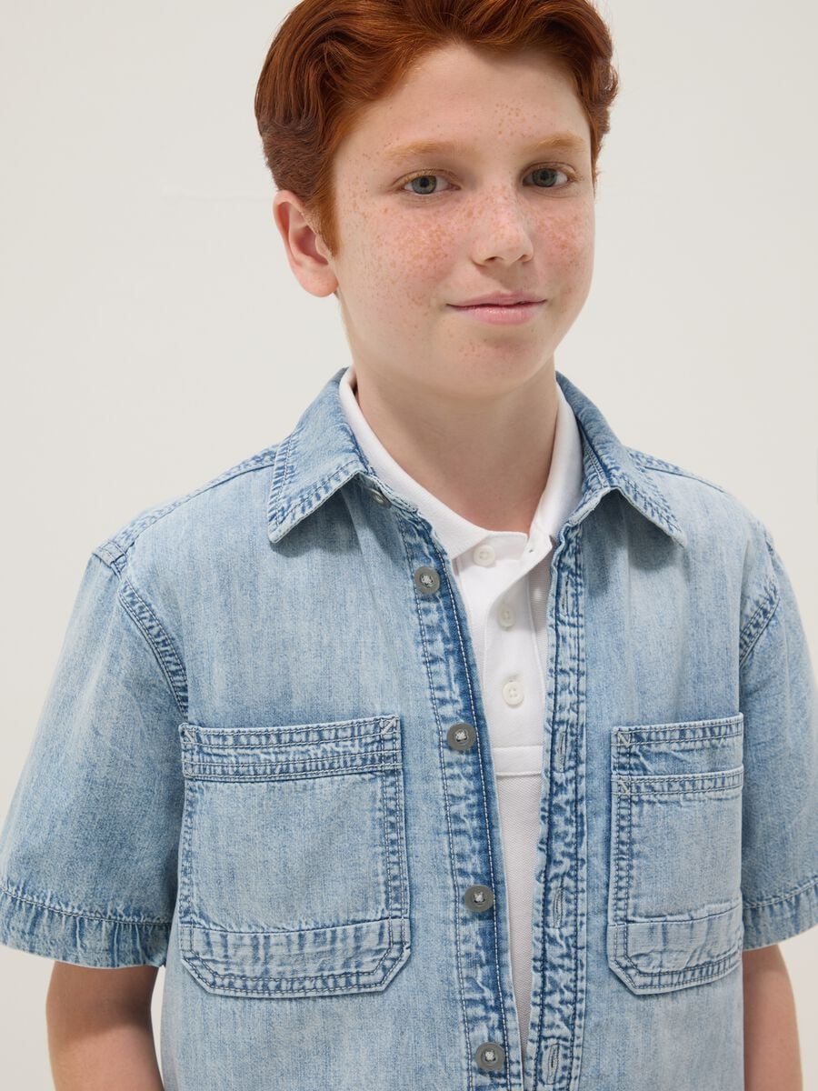 Light blue short-sleeve pure cotton denim shirt_2