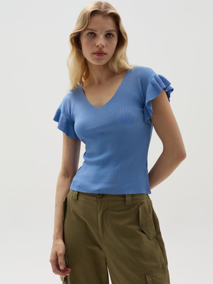 Ribbed T-shirt with sleeves and flounce_0