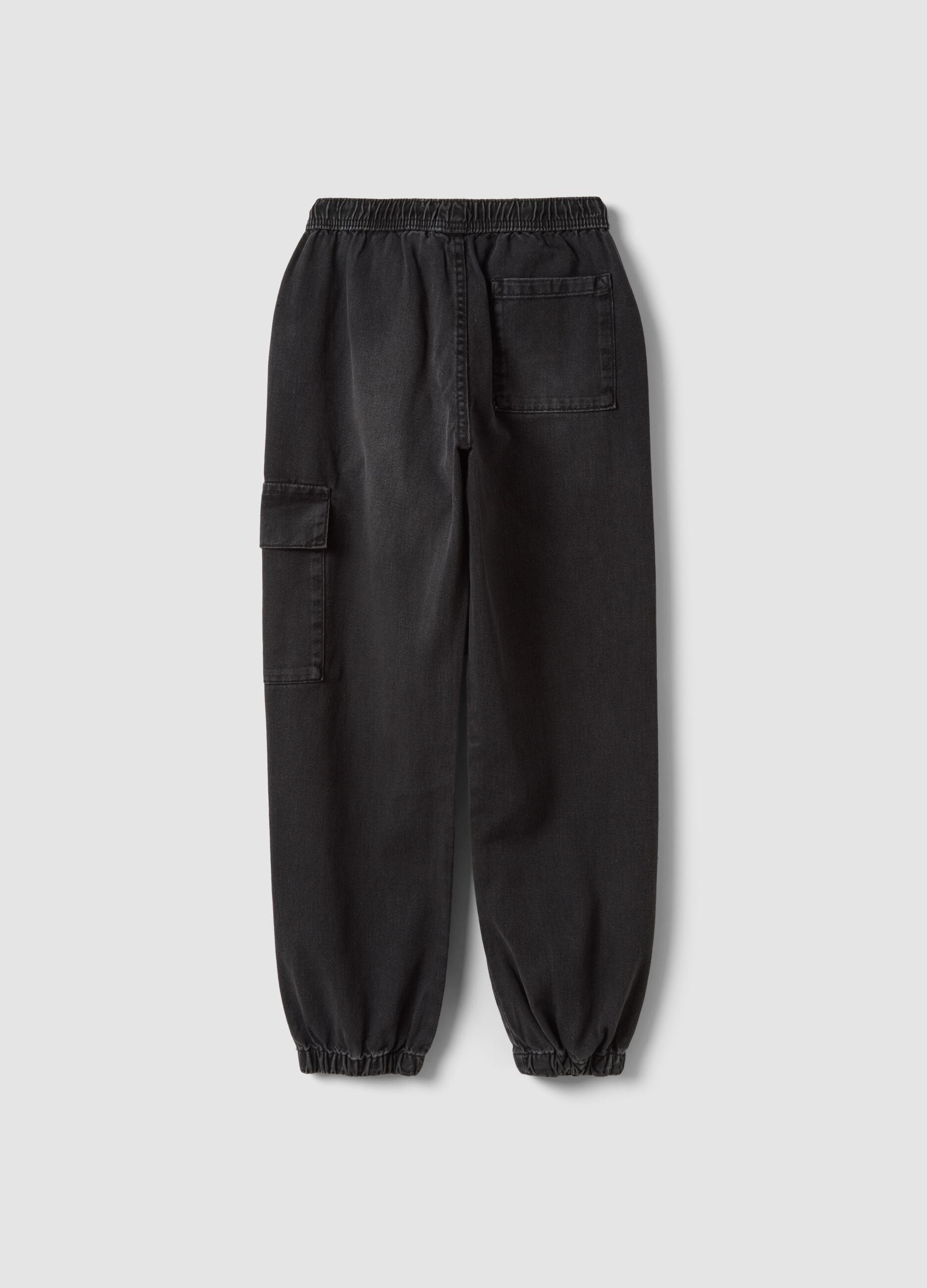 Black pure cotton denim joggers with cargo pockets, relaxed fit