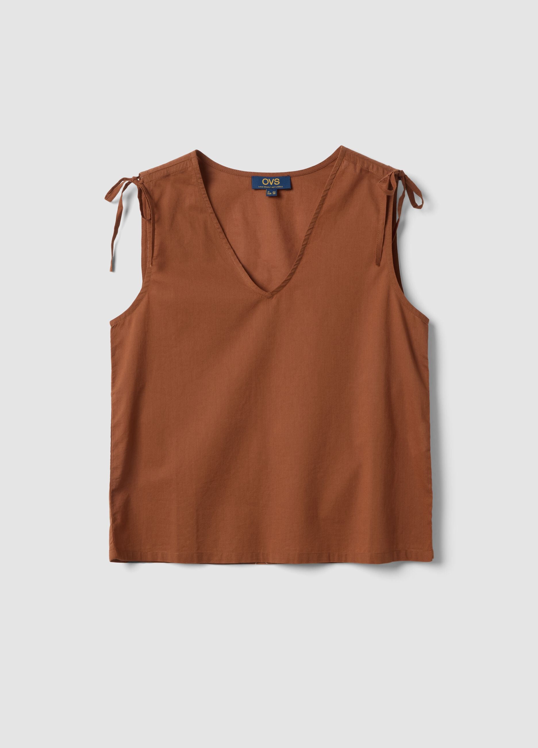 Brown pure cotton V-neck blouse