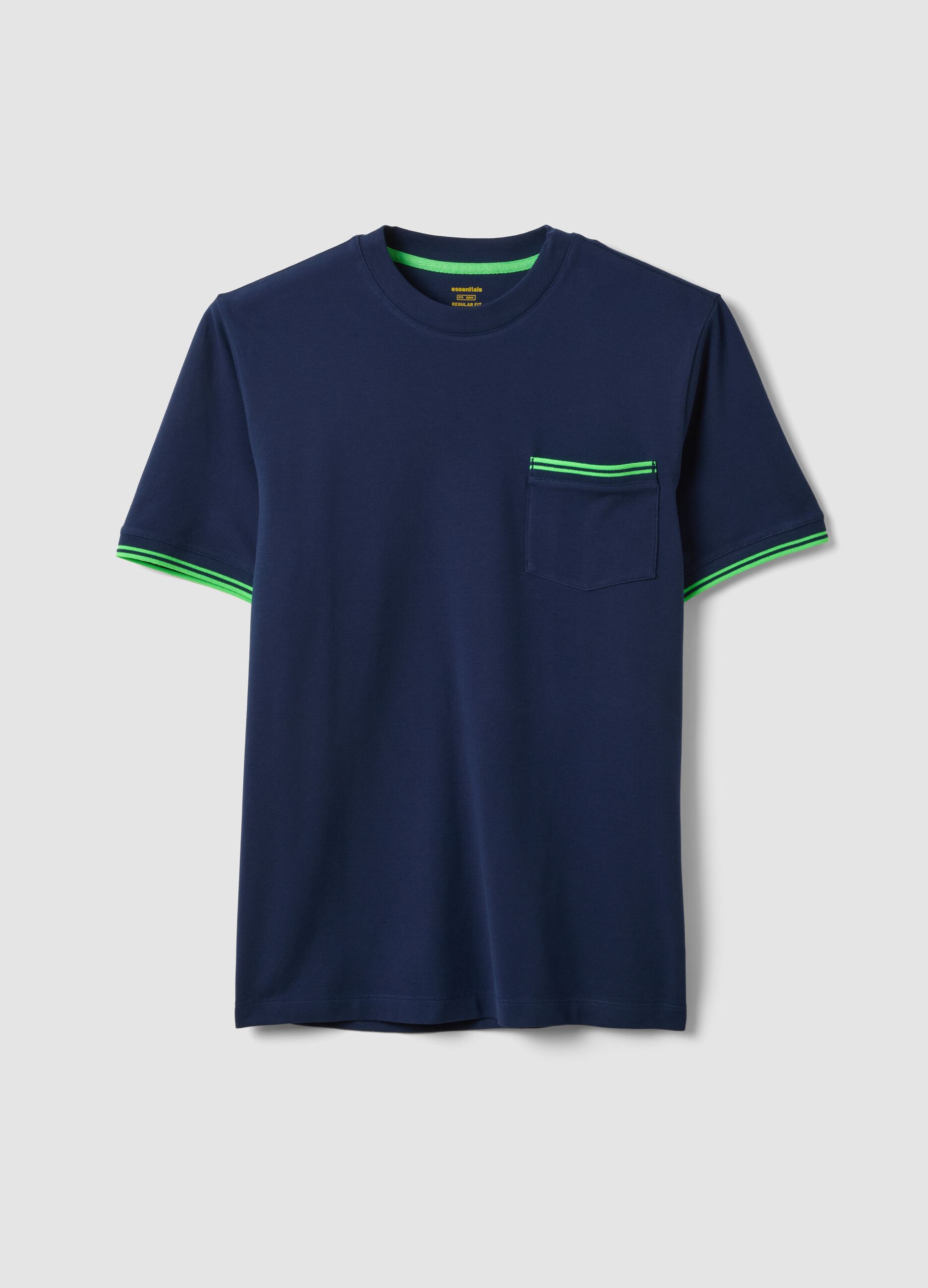 Blue stretch cotton T-shirt with chest pocket