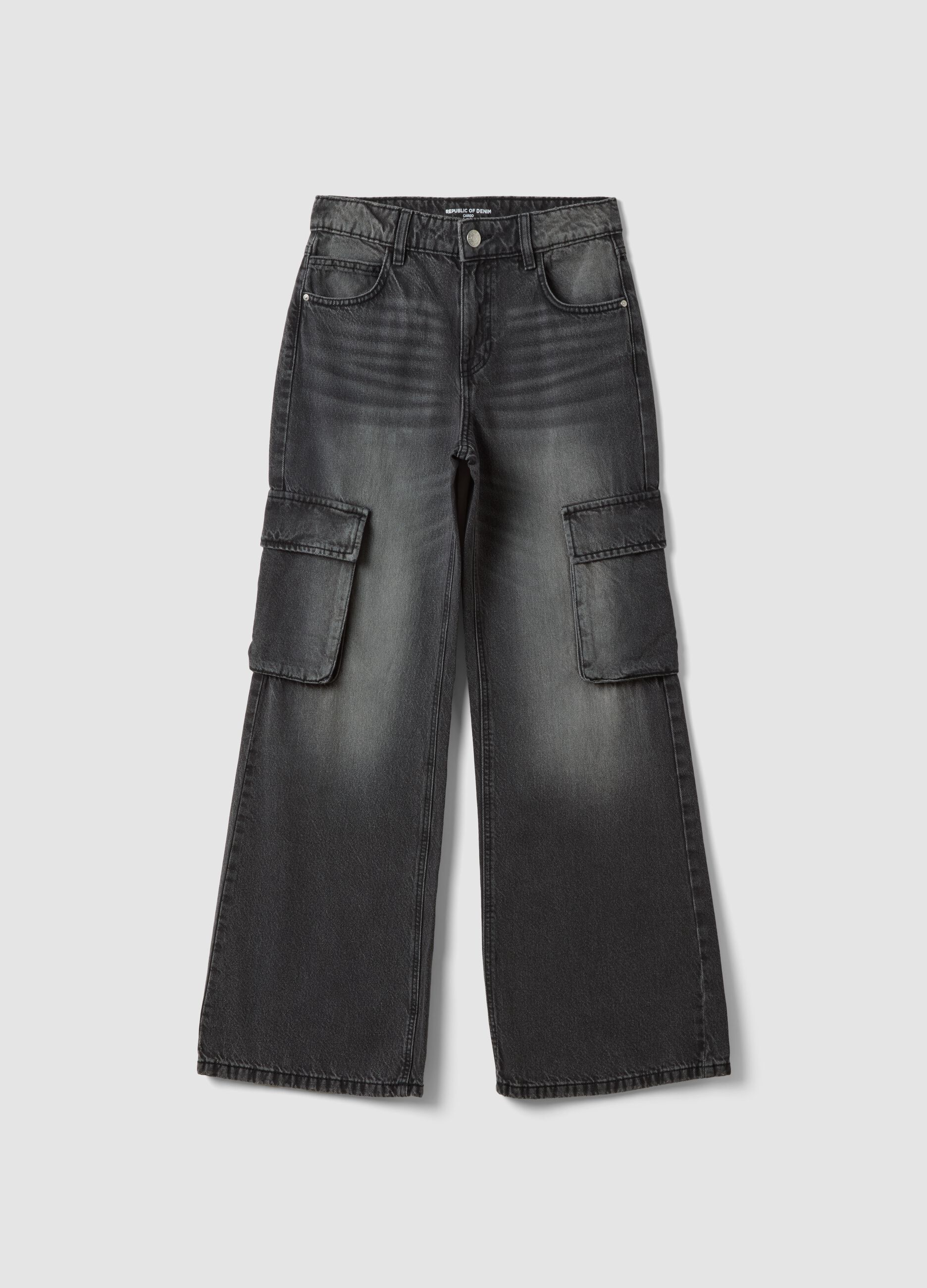 Jeans grigi cargo in puro cotone relaxed fit per ragazza