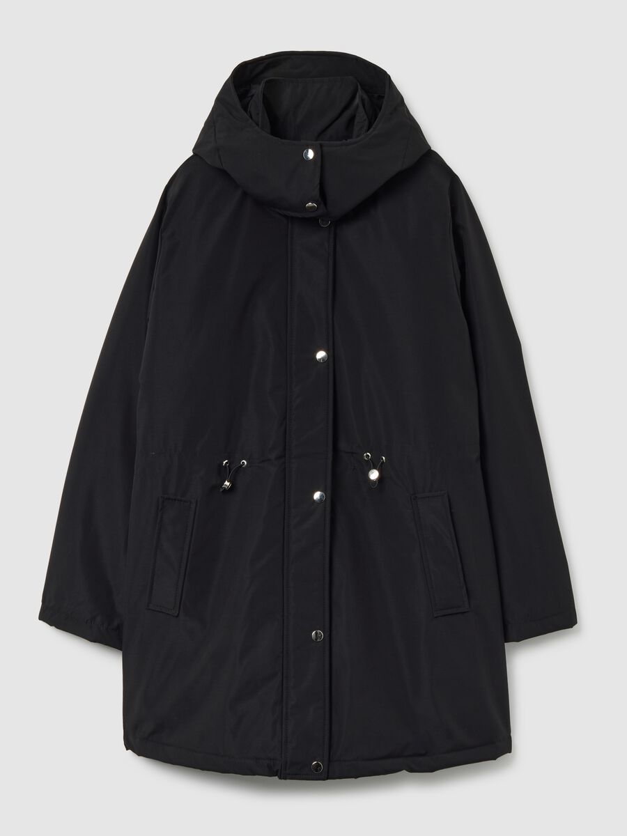 Giacca lunga imbottita nera regular fit con cappuccio e zip_0