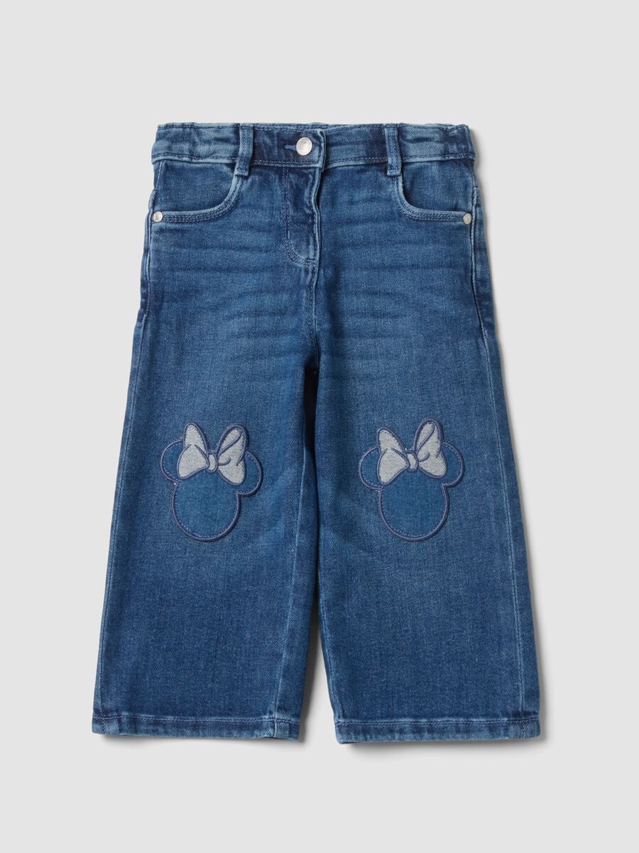 Light blue wide-leg stretch cotton jeans with Minnie embroidery_0
