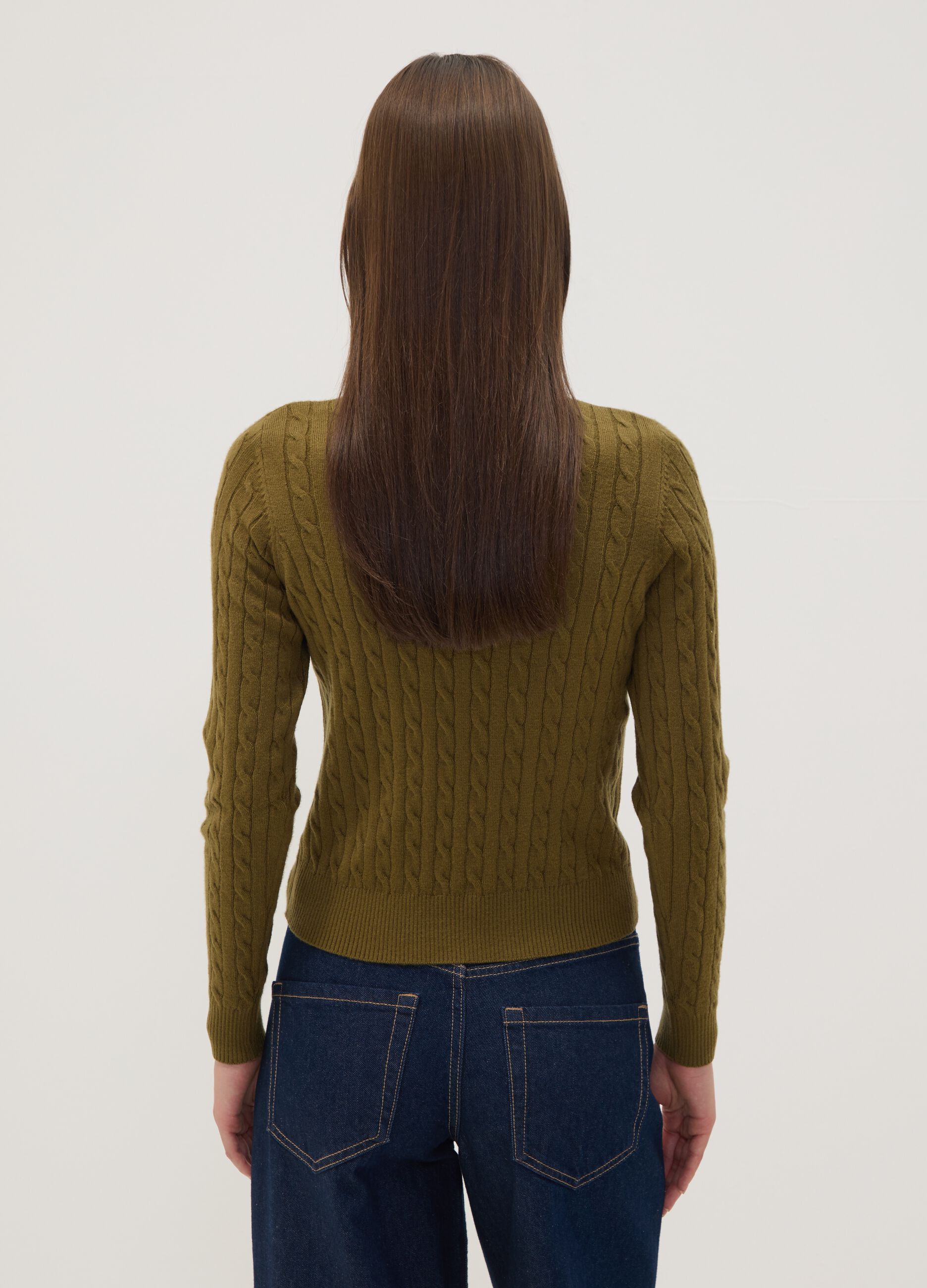 Olive green cable-knit crew neck jumper, regular fit