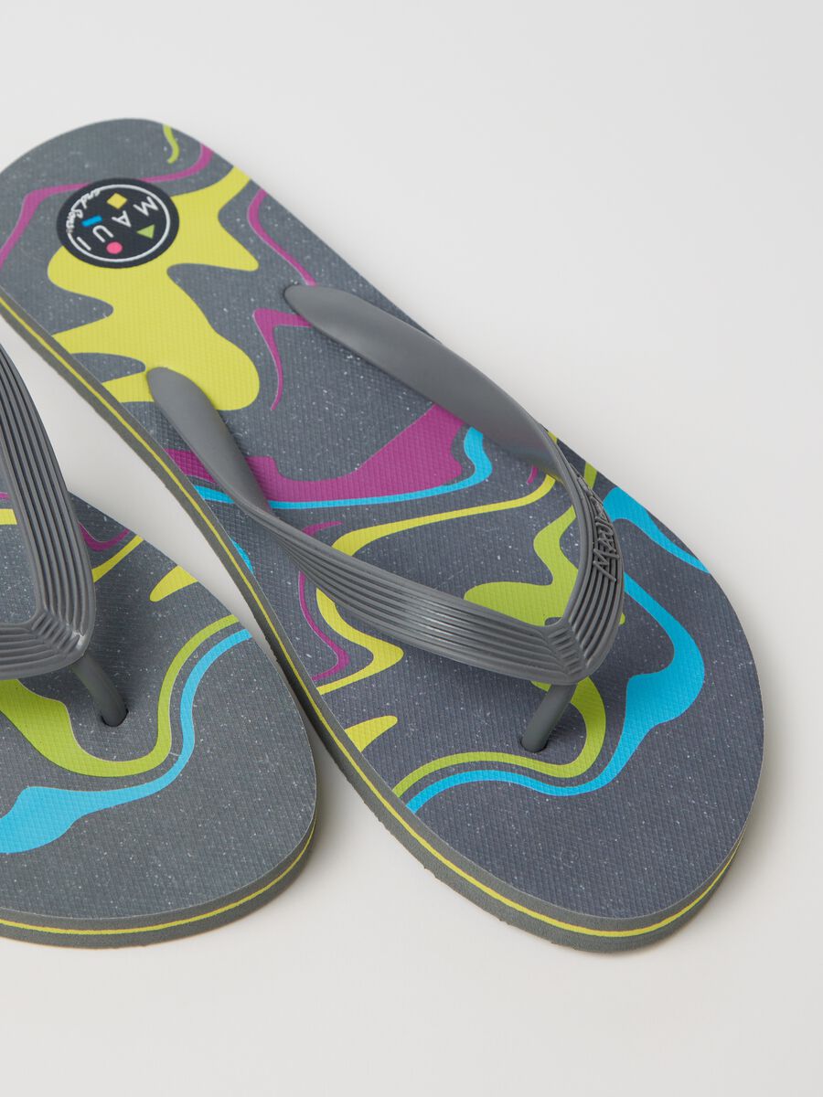 Maui and Sons grey flip flops with multicoloured print_1