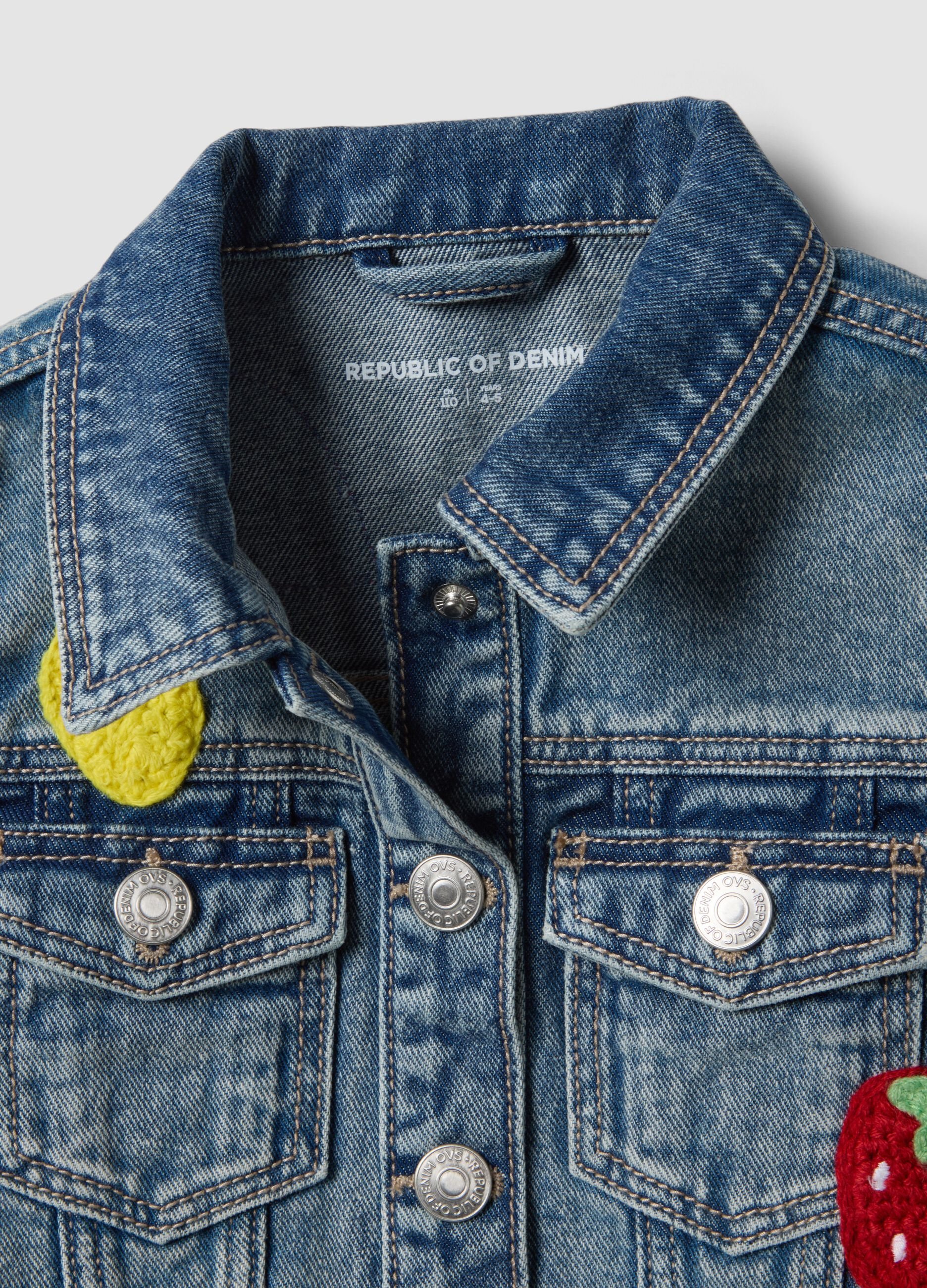 Giacca senza maniche denim blu in puro cotone da bambina con frutta