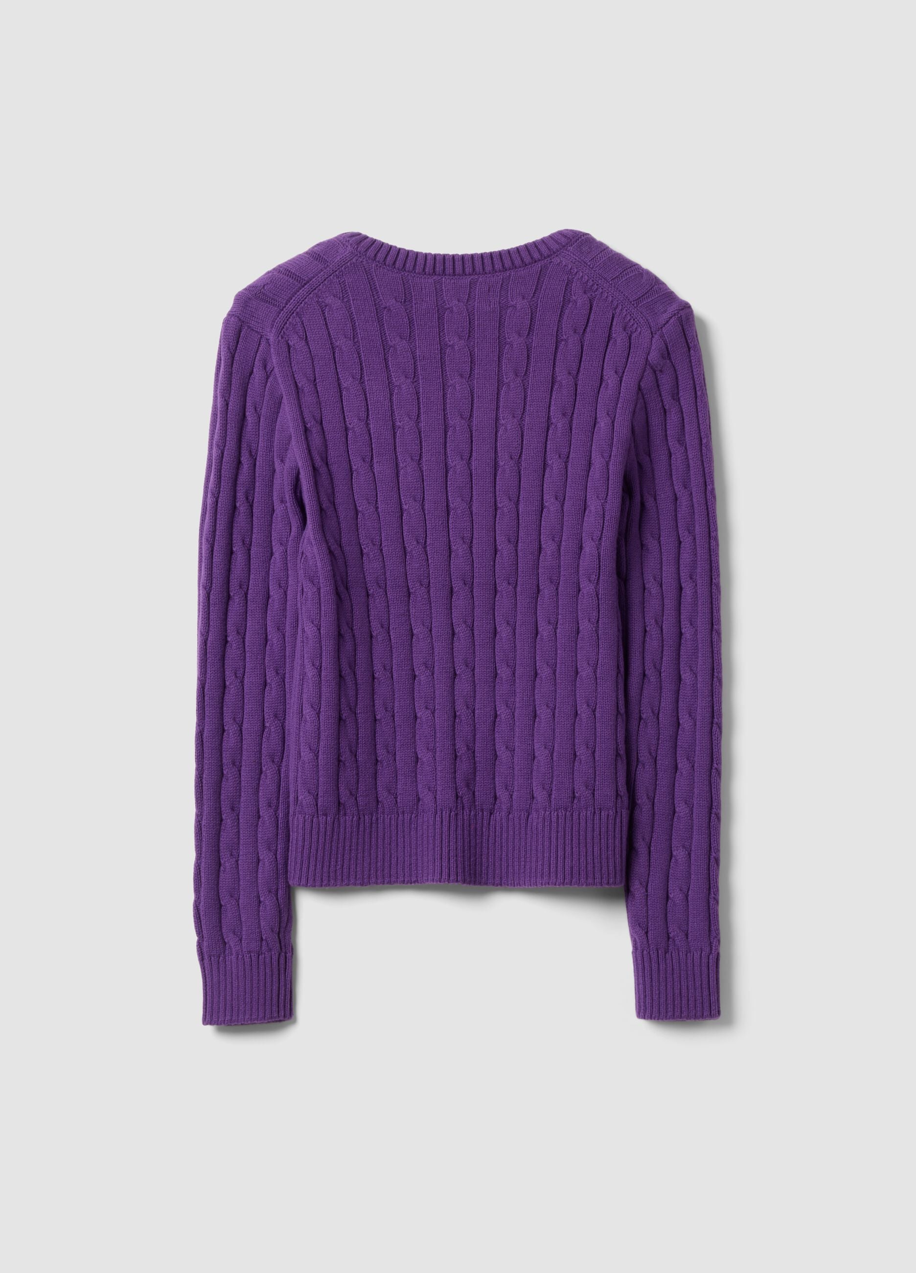 Purple pure cotton cable-knit jumper with deep V-neck