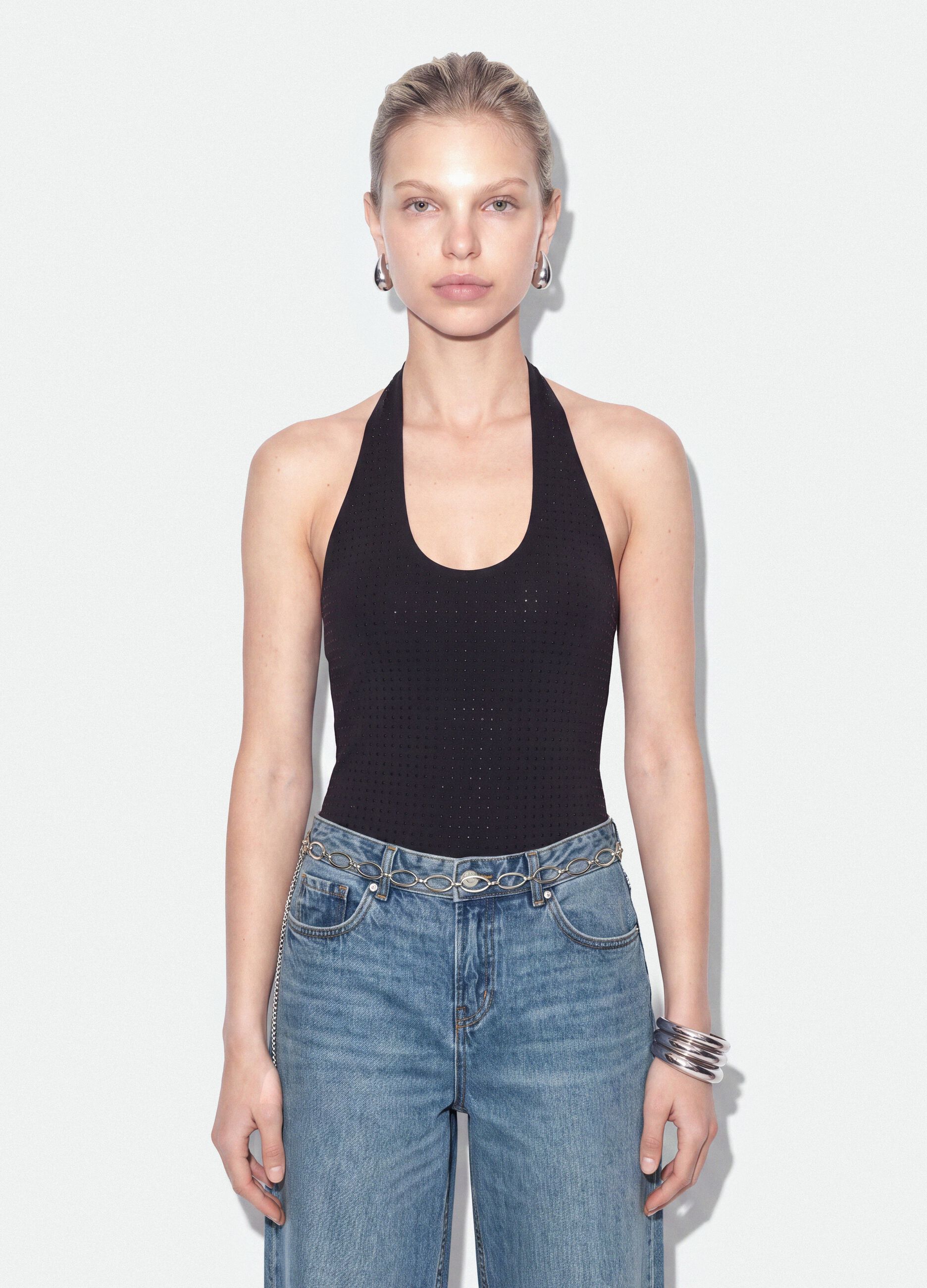 Black stretch bodysuit with rhinestones, regular fit