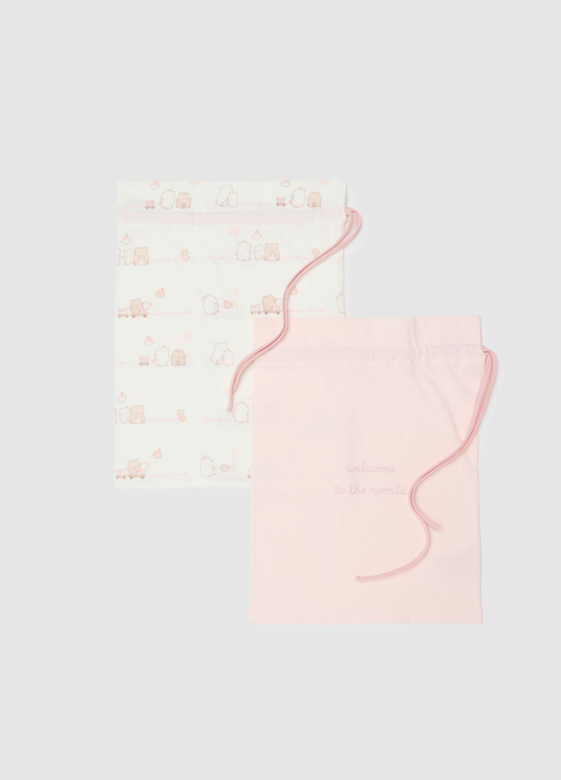 Twin pack of multicolour newborn bags in pure cotton with embroidery