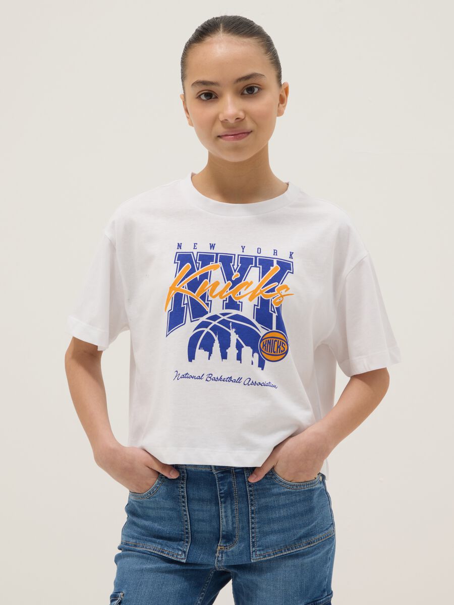 Girl's Regular Fit White Pure Cotton T-shirt New York Knicks_0