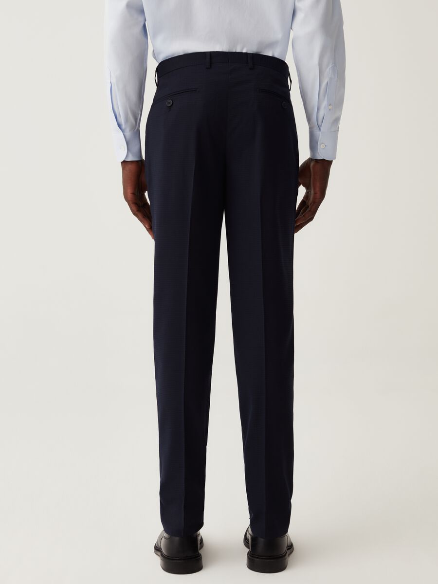 Pantalone slim fit micro trama a quadri blu navy_2