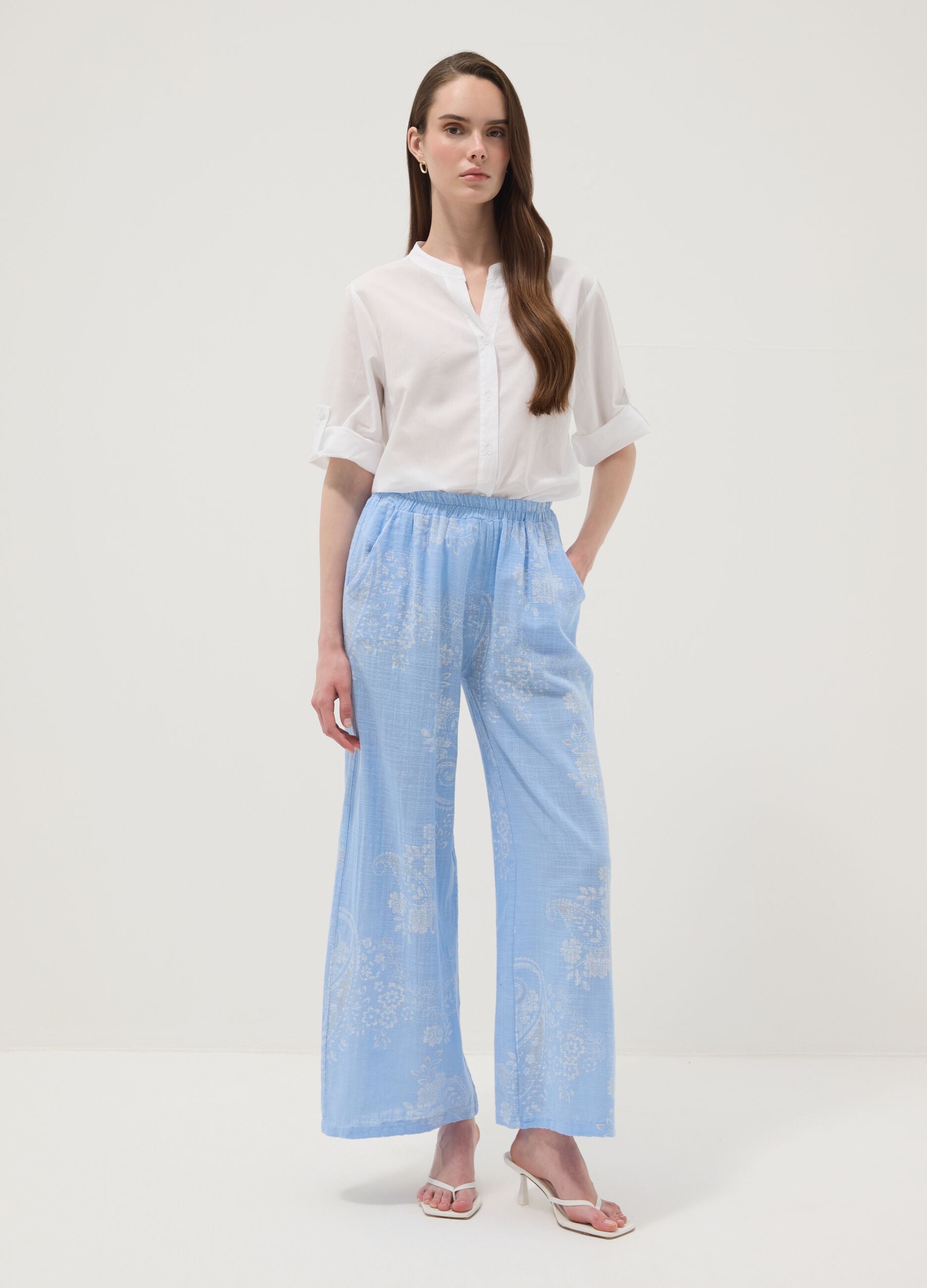 Light Blue Wide-Leg Pure Cotton Paisley Print Trousers &ndash; Regular Fit