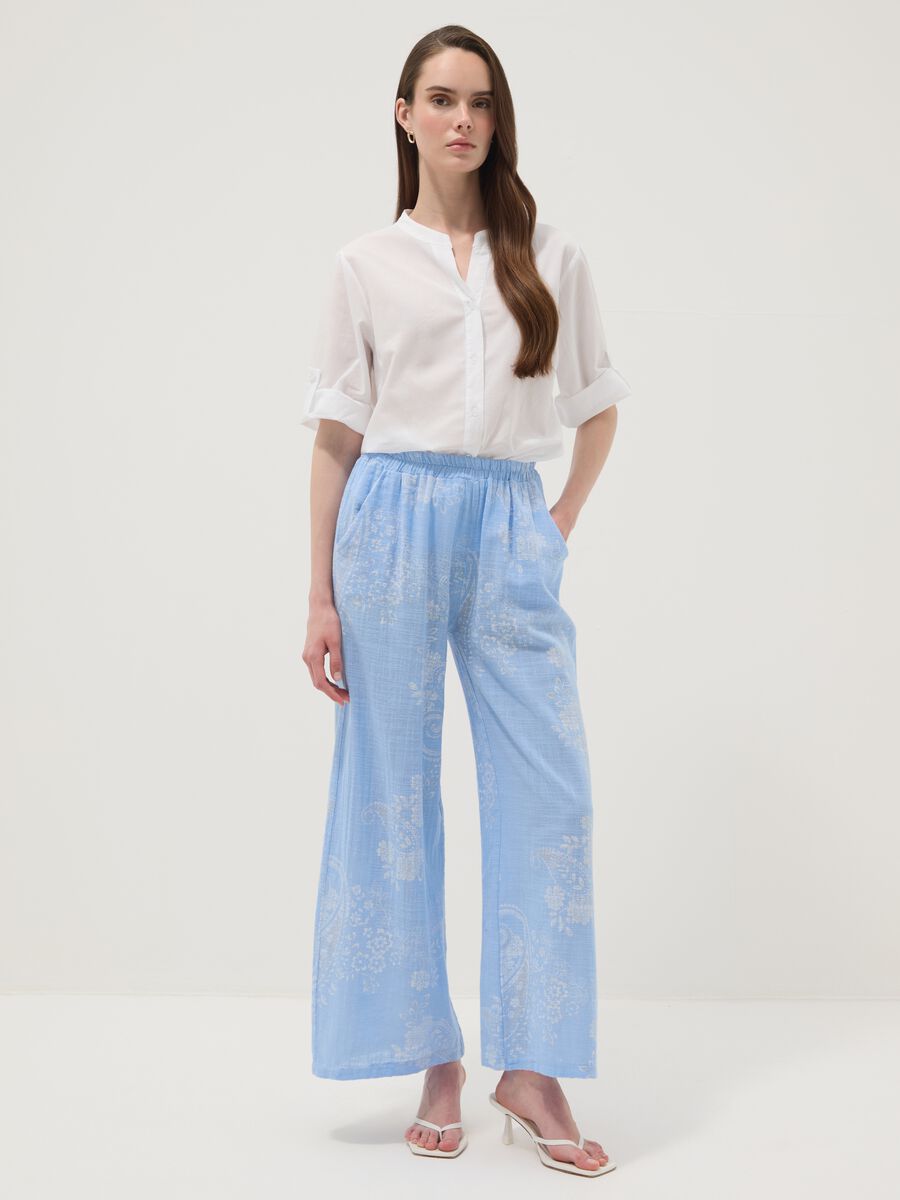 Light Blue Wide-Leg Pure Cotton Paisley Print Trousers &ndash; Regular Fit_0