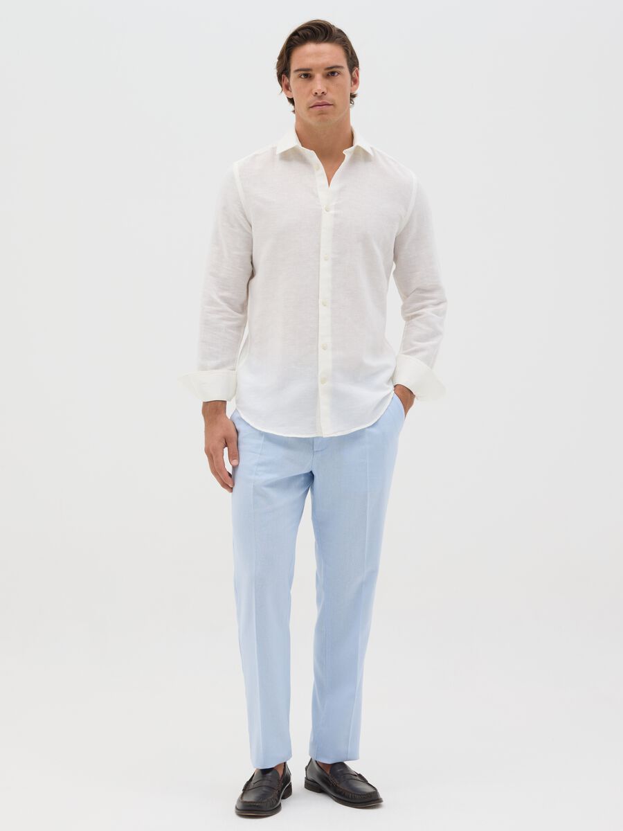 Camicia da uomo in lino e cotone bianca slim fit e colletto alla francese_1