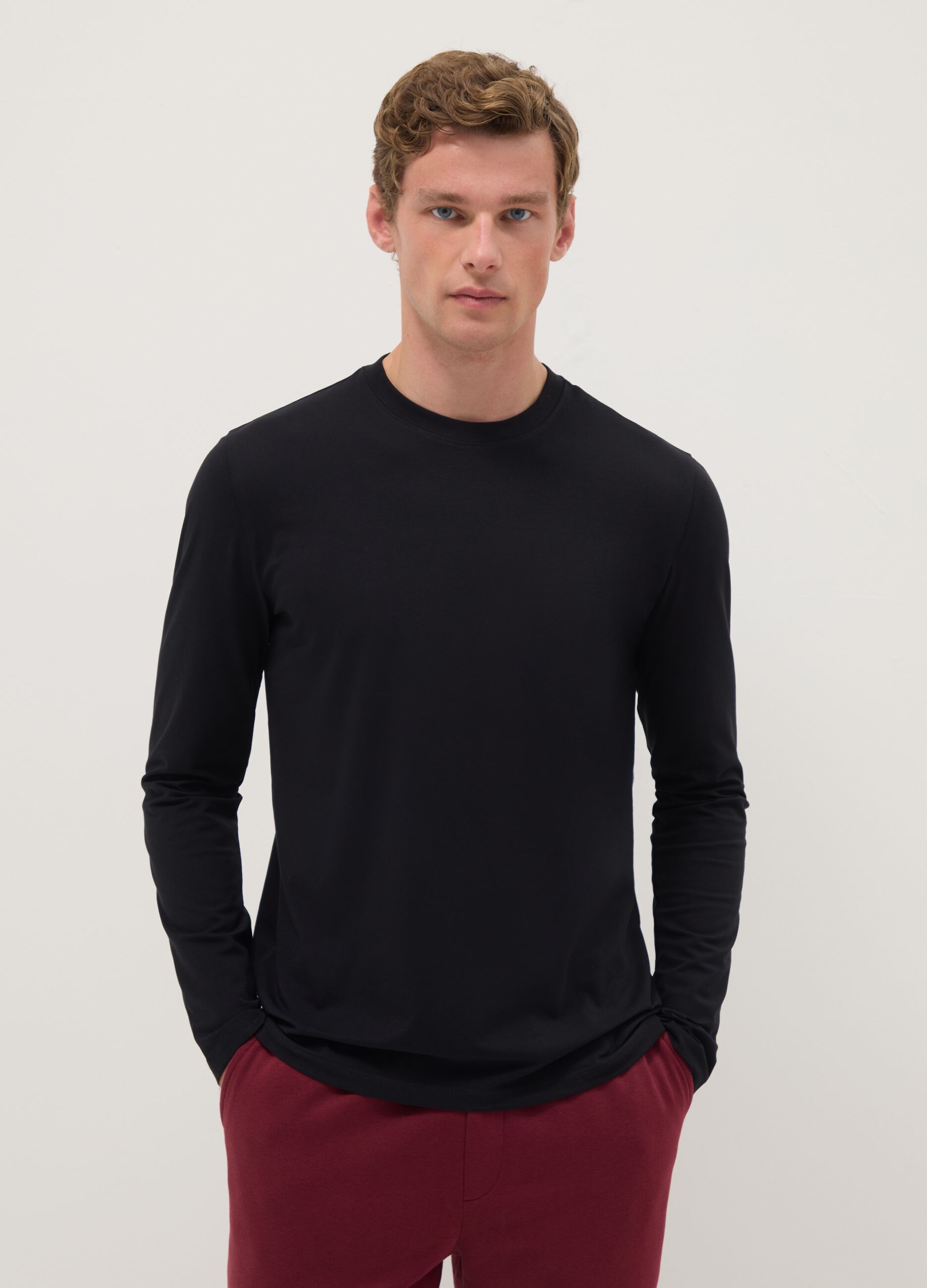 Black long sleeve stretch cotton regular fit T-shirt