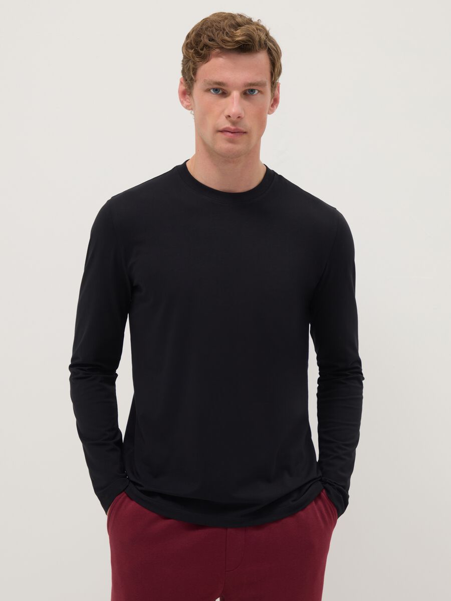 Black long sleeve stretch cotton regular fit T-shirt_0