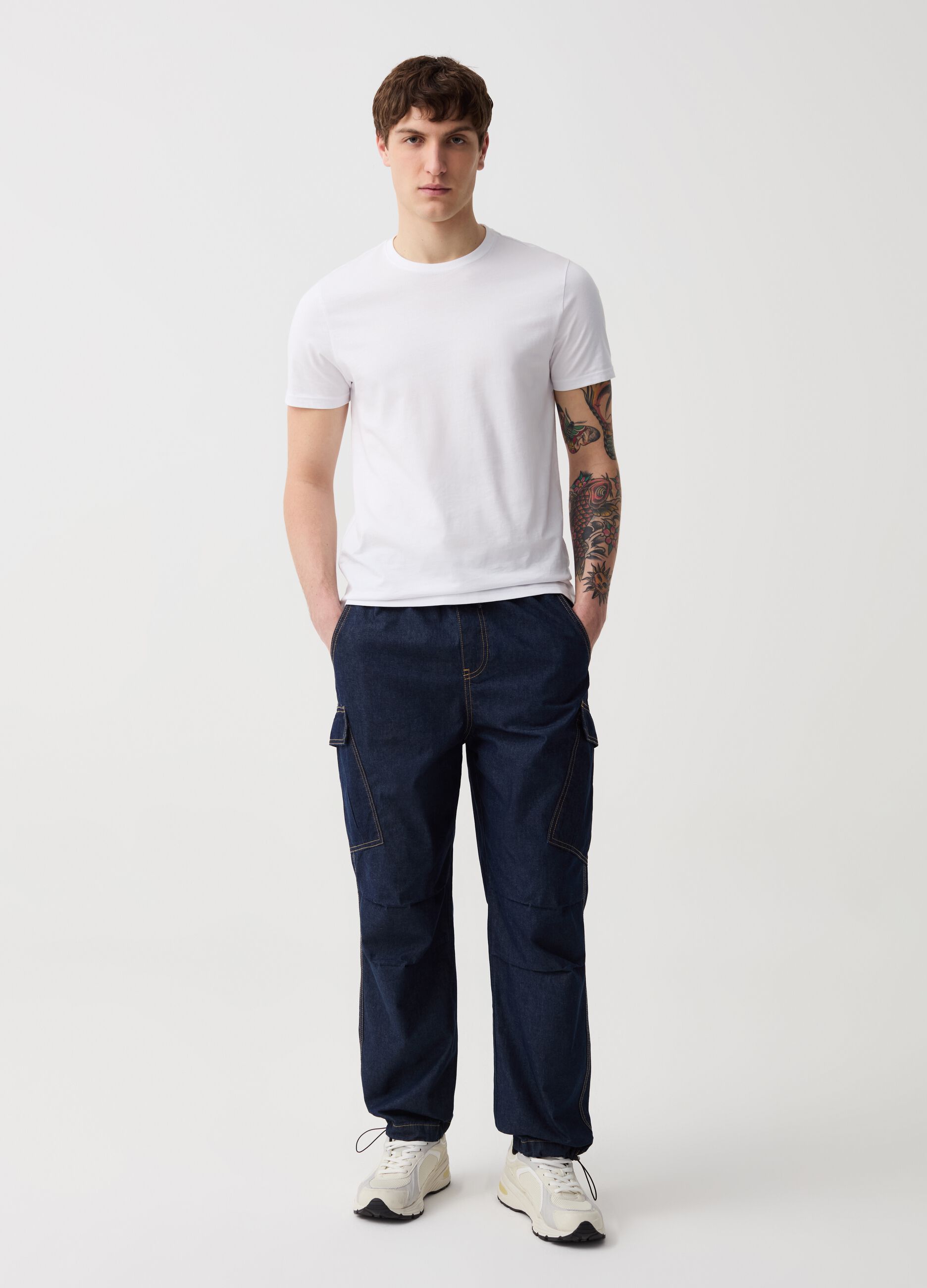 Joggers parachute cargo wide leg in denim