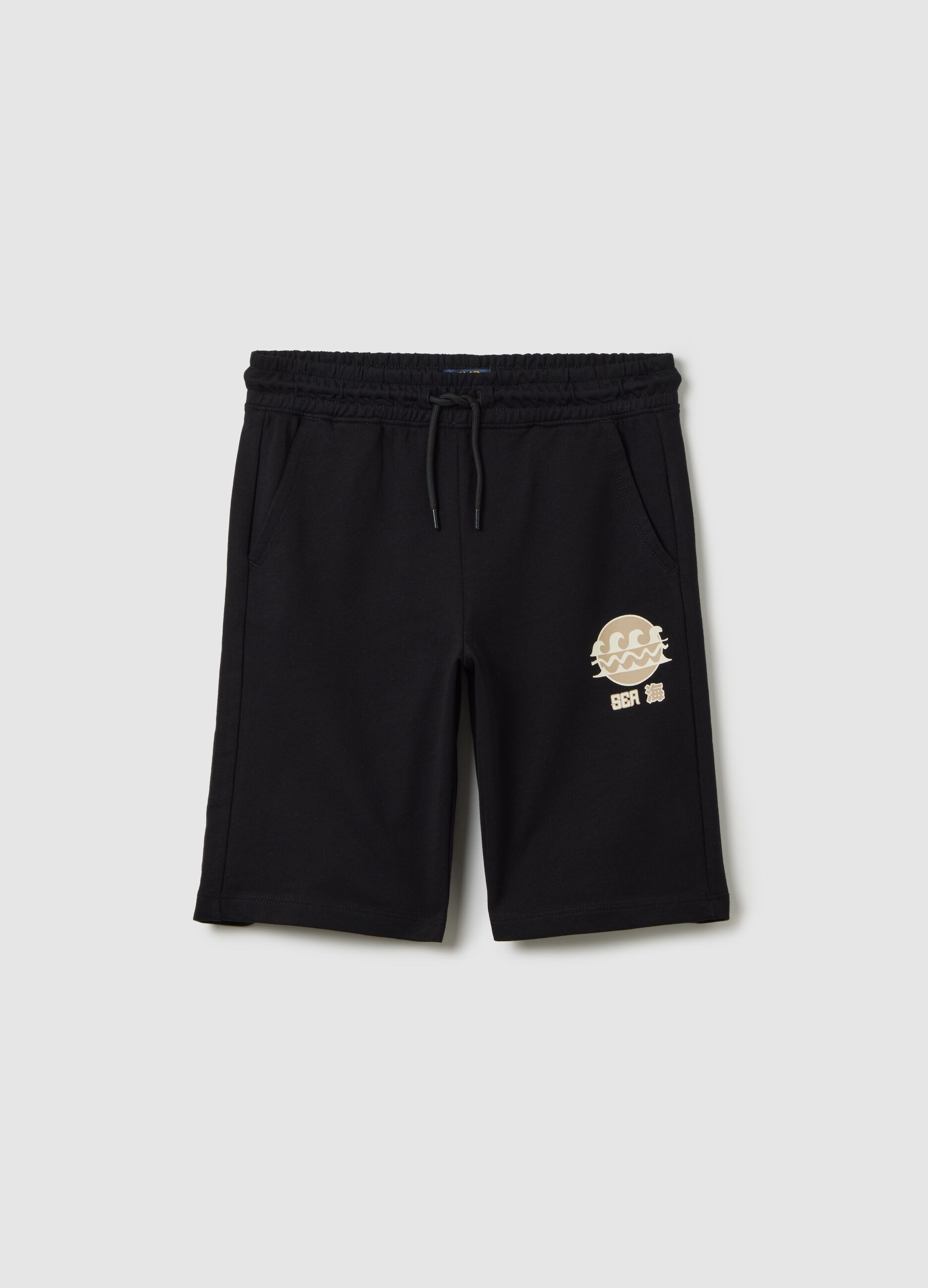 Pantaloni corti da ragazzo in puro cotone nero regular fit