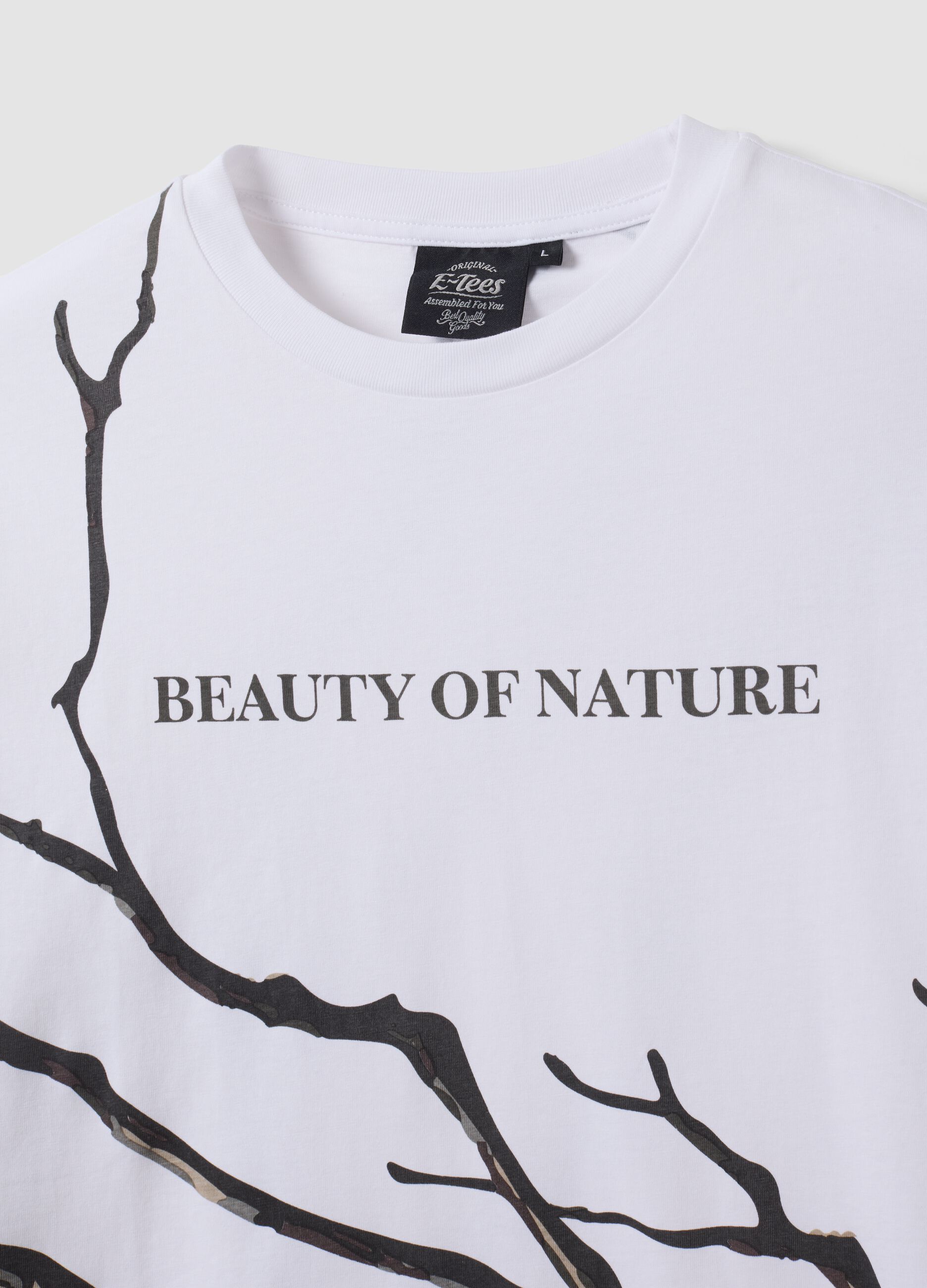 White pure cotton T-shirt with foliage print