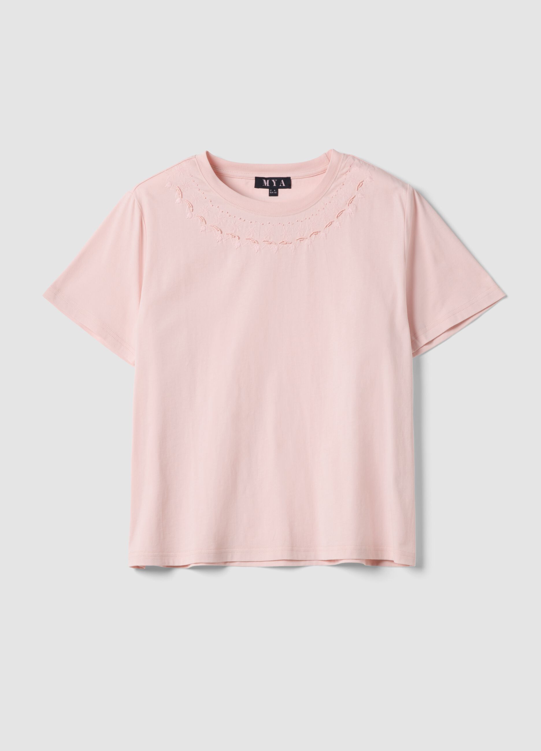 Pink pure cotton T-shirt with embroidered neckline