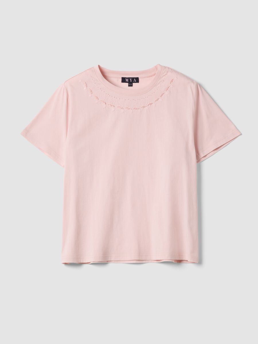 Pink pure cotton T-shirt with embroidered neckline_0