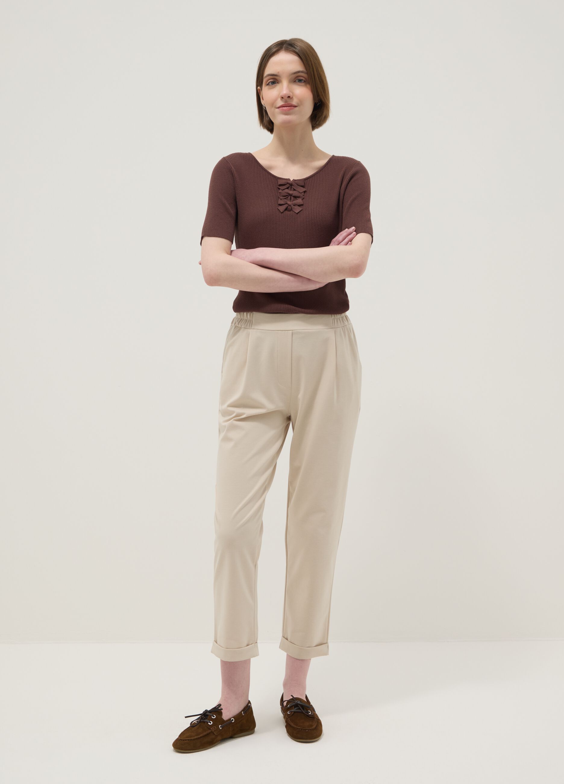 Brown regular fit viscose blend T-shirt with bows