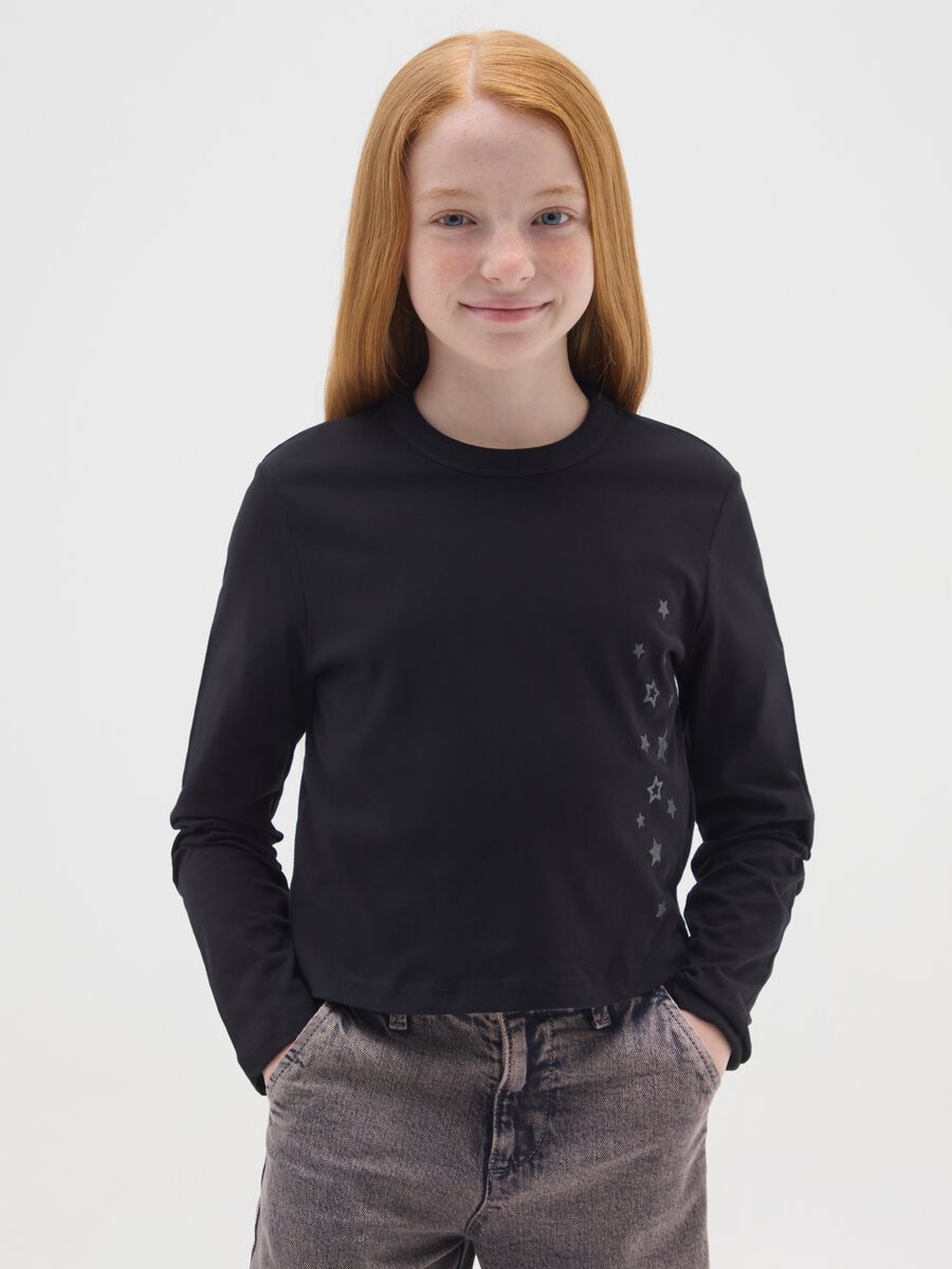 Maglietta nera da ragazza in puro cotone regular fit con stampa stelle_0