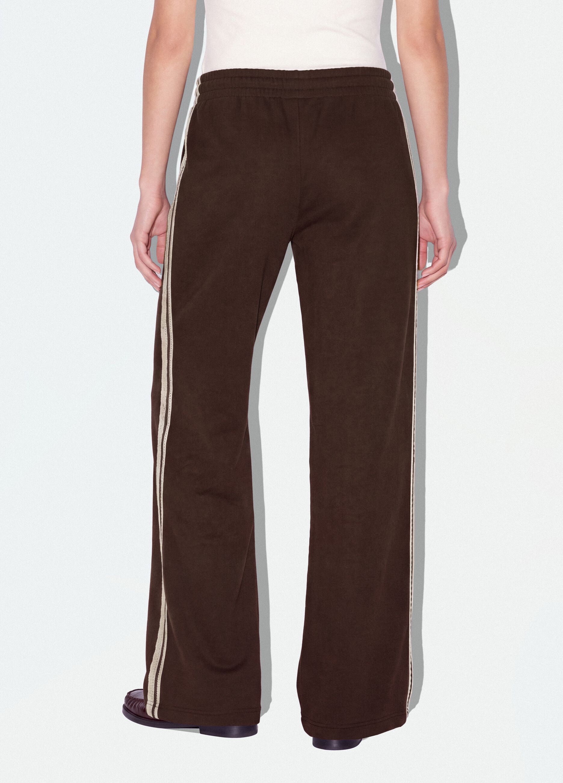 Brown cotton-blend wide-leg trousers with lace embroidery