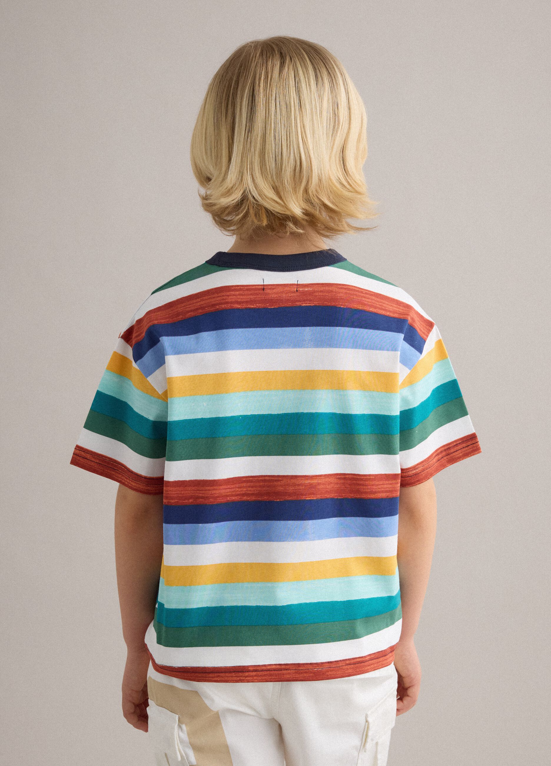 Boys' Regular Fit Multicoloured Striped Pure Cotton T-shirt