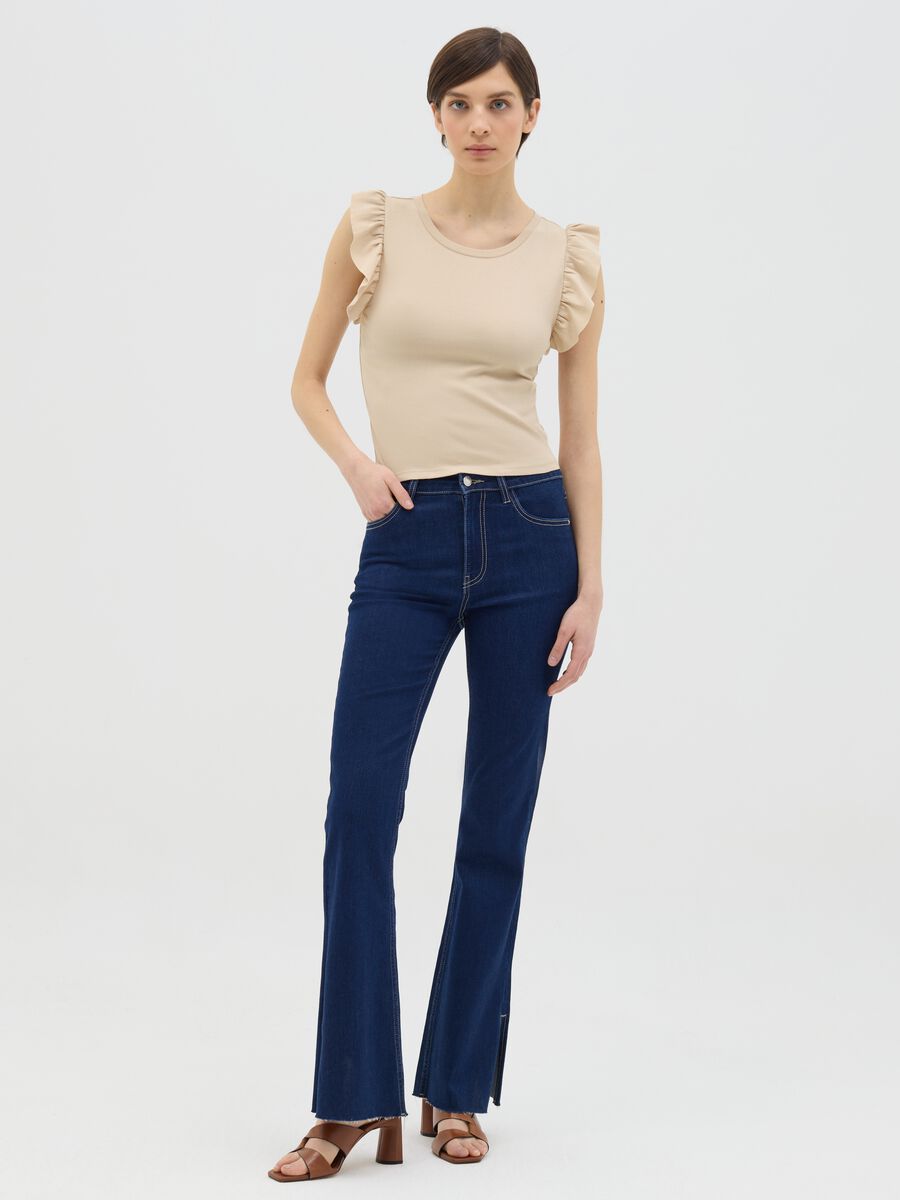 Beige cotton tee with ruched sleeves_1