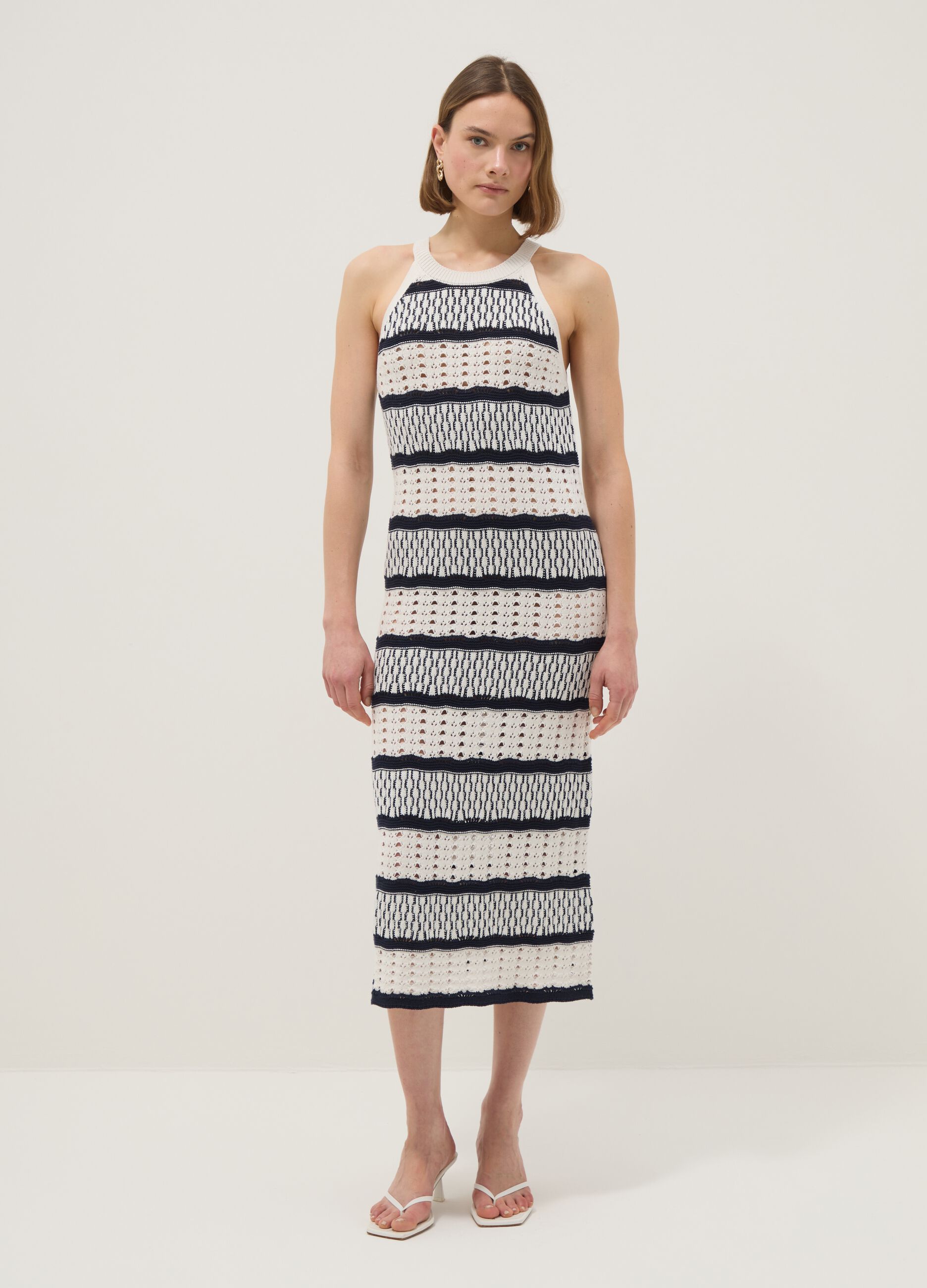 Fitted maxi dress in pure cotton with openwork knit and multicolour stripes