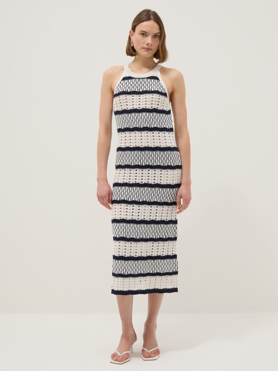 Fitted maxi dress in pure cotton with openwork knit and multicolour stripes_0