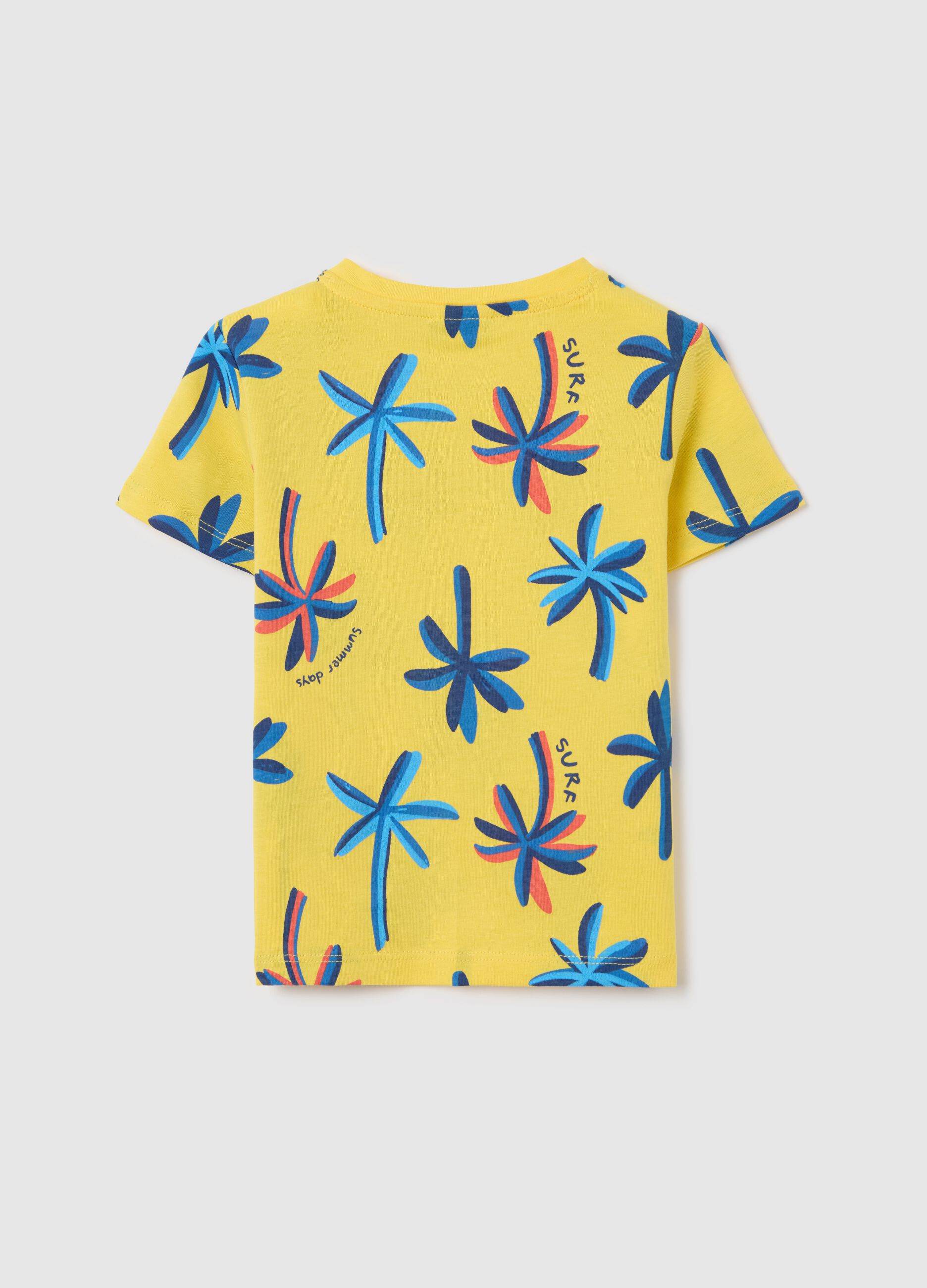 Yellow cotton T-shirt with palms print
